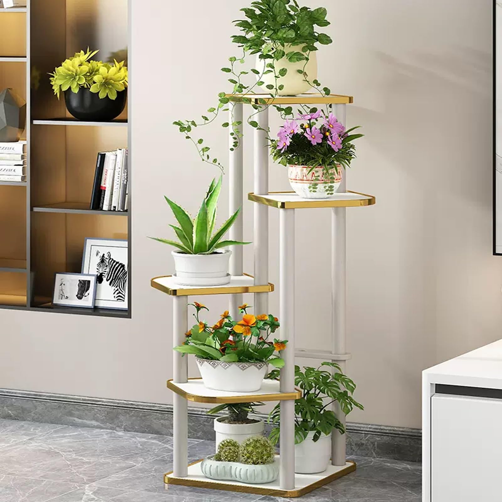 Support de plantes en fer forgé multi-pots structure haute géométrique