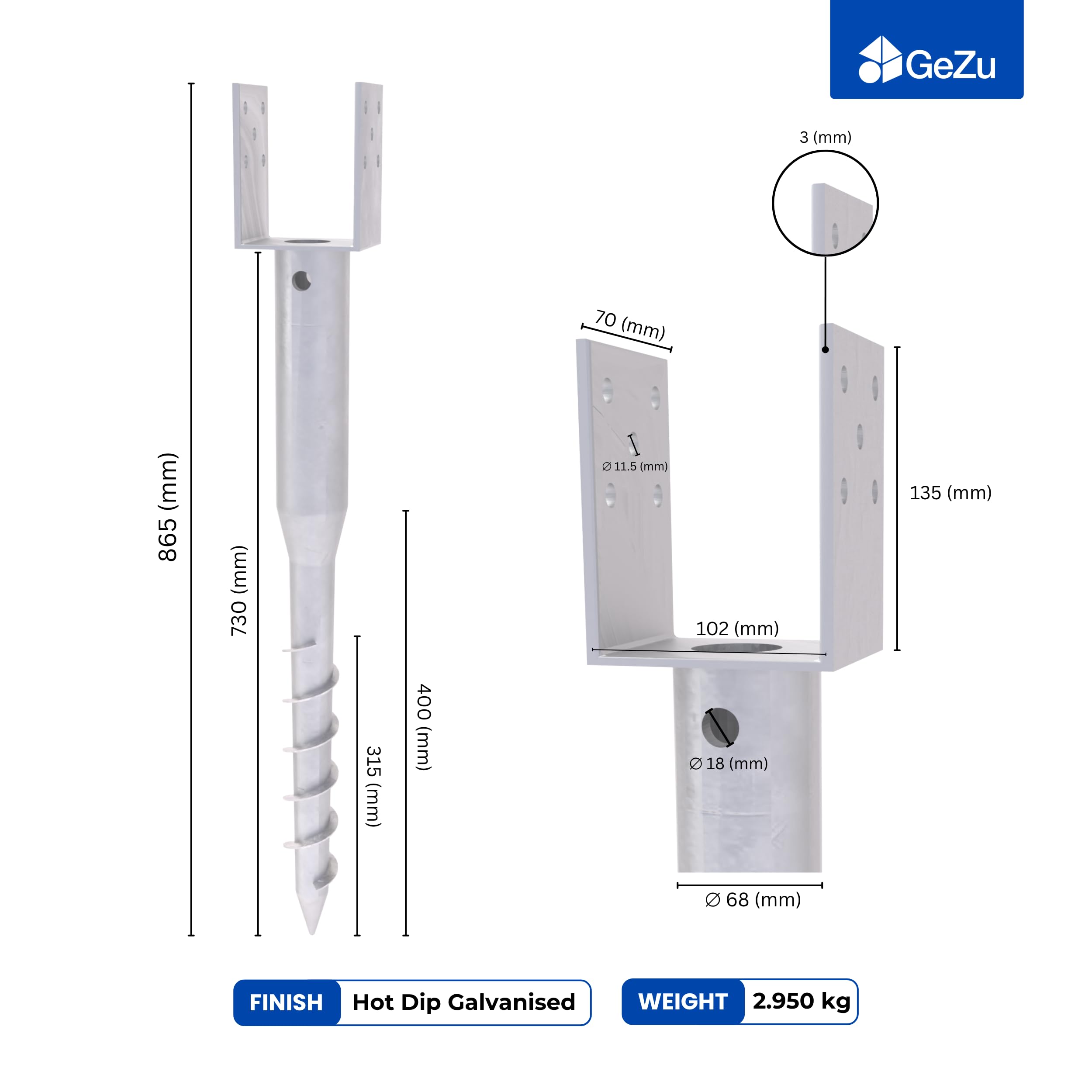 GeZu Impex Ground Screw 102 x 102 x 865 mm Hot Dip Galvanised Set of 4 Single Screw Floor Sleeves, Pole, Support Legs — view 2