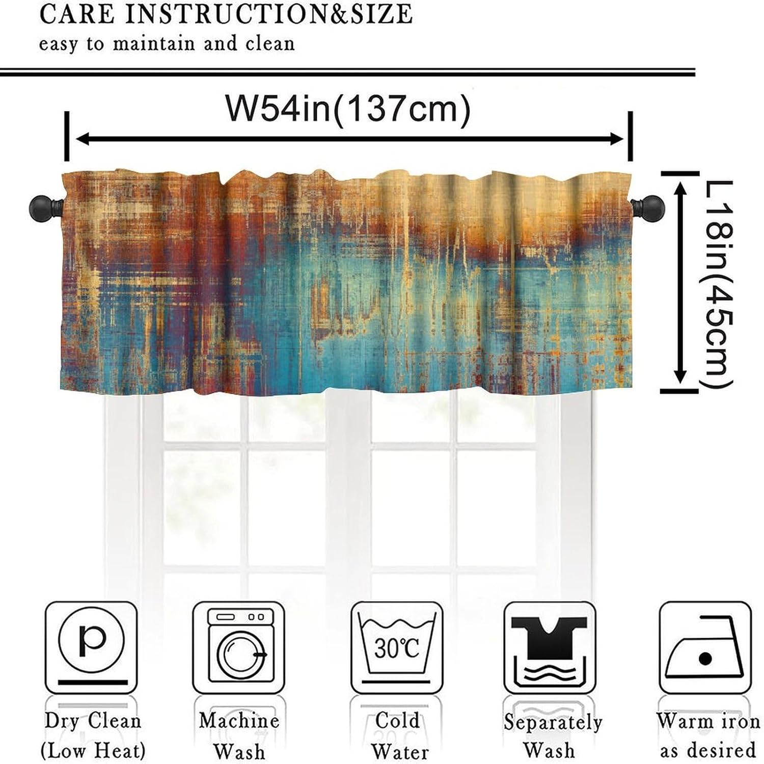 Modern Abstract Valance Curtain,Blue and Orange Messy Rust Painting Home Decor Drape for Living Room Cafe Restaurant Window Treatment 1 Panel 54" W x 18" L Inch