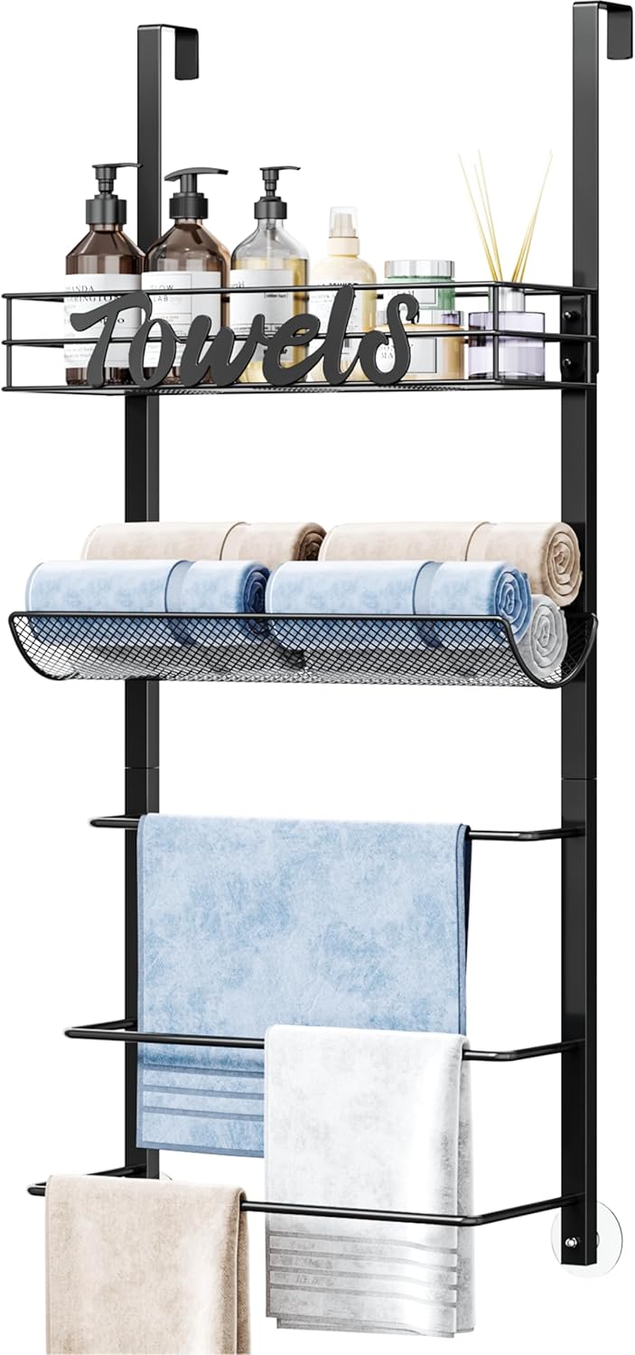 SWTYMIKI Over The Door Towel Racks for Bathroom – 5-Tier Wall Mounted Bathroom Towel Storage Organizer Holder with Metal Shelf, Black