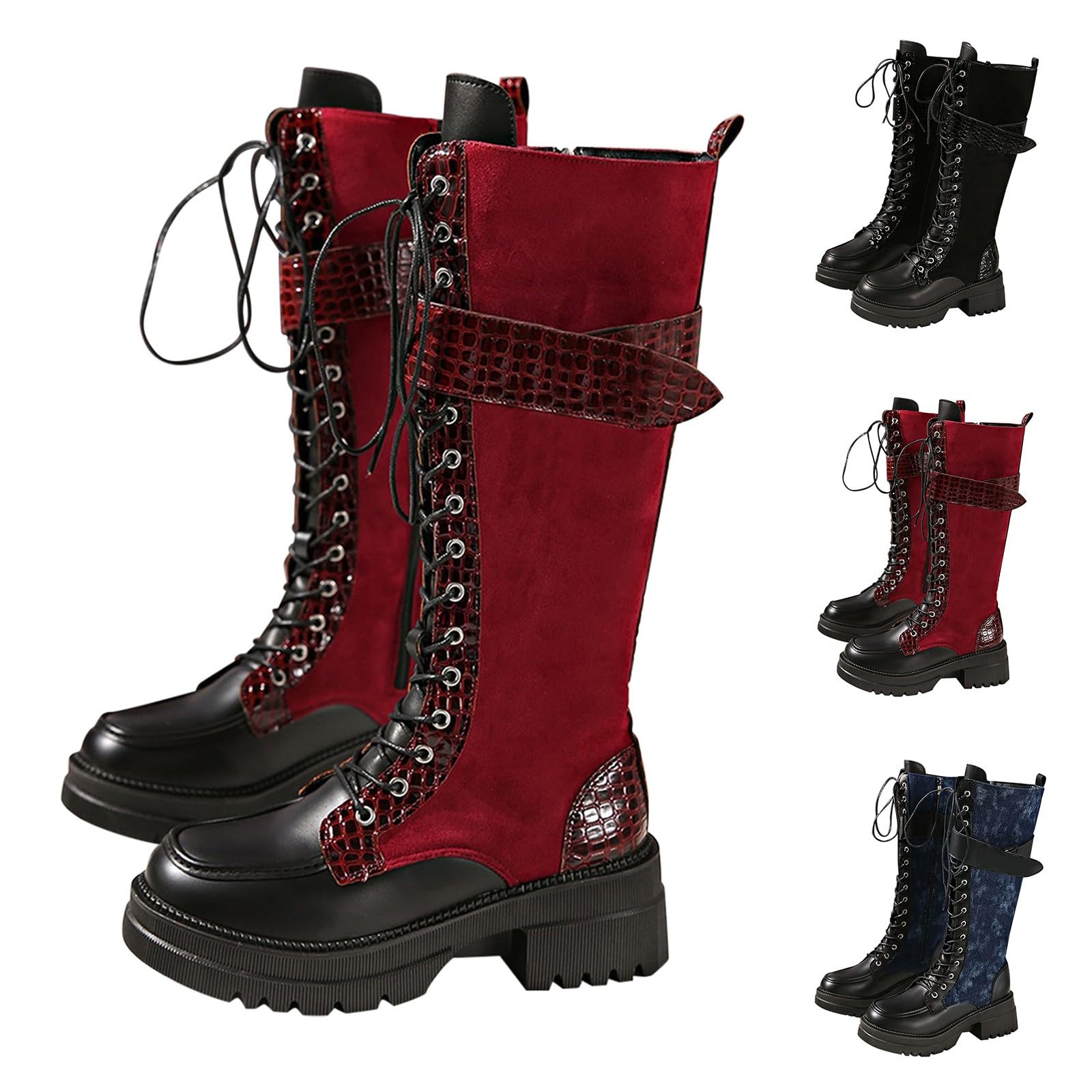 Springerstiefel Damen Kniehoch Schnürstiefel Leder Plateau Combat Boots