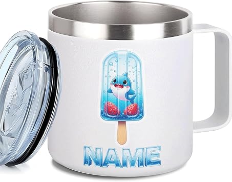 Personalized Shark Popsicle Kids Mug with Name, 12 oz Stainless Steel Insulated Camp Cup with Handle and Lid for Boys Girls