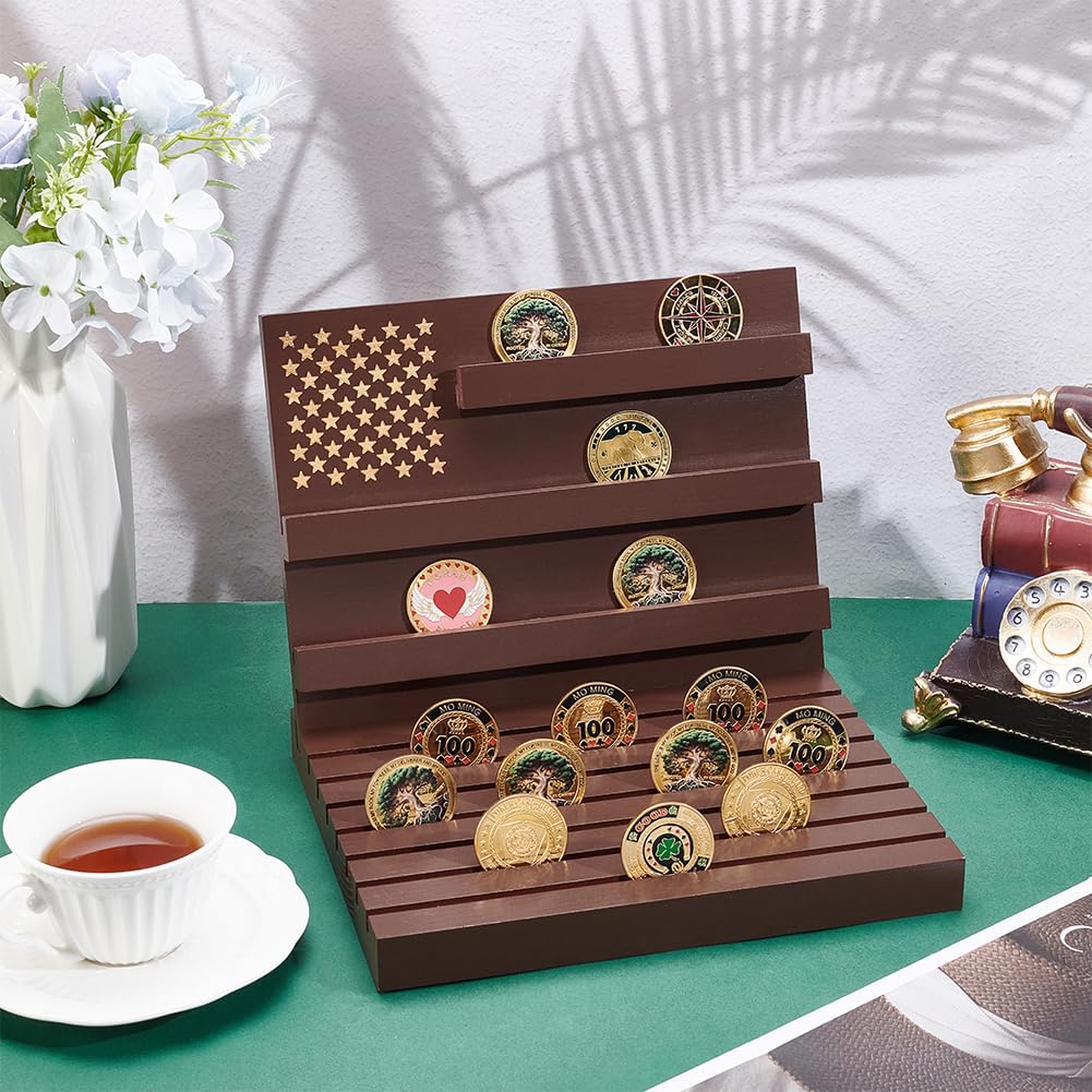 PH PandaHall Espositore Monete Legno Espositore per Monete da Collezione Portamonete in Legno Marrone Contiene 58 Moneta per La Cerimonia di Premiazione Del Desktop Dell'Ufficio