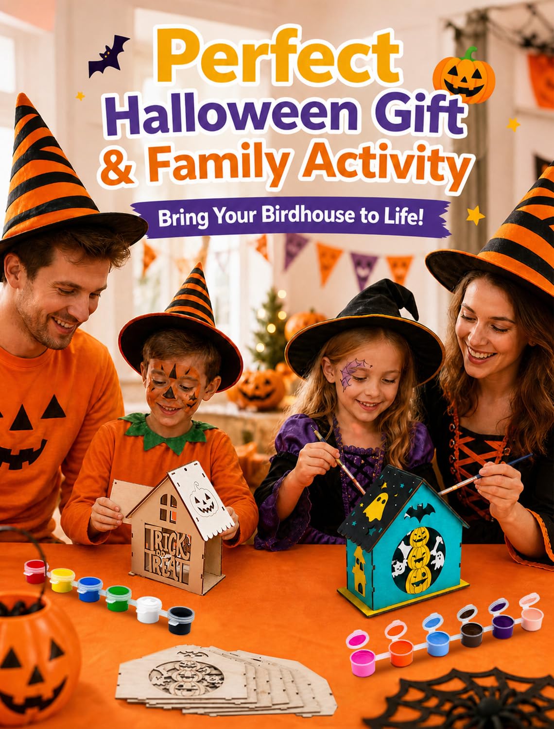 hapray 12 piezas de manualidades de casa de Halloween, kit de pintura de calabaza de madera para niños