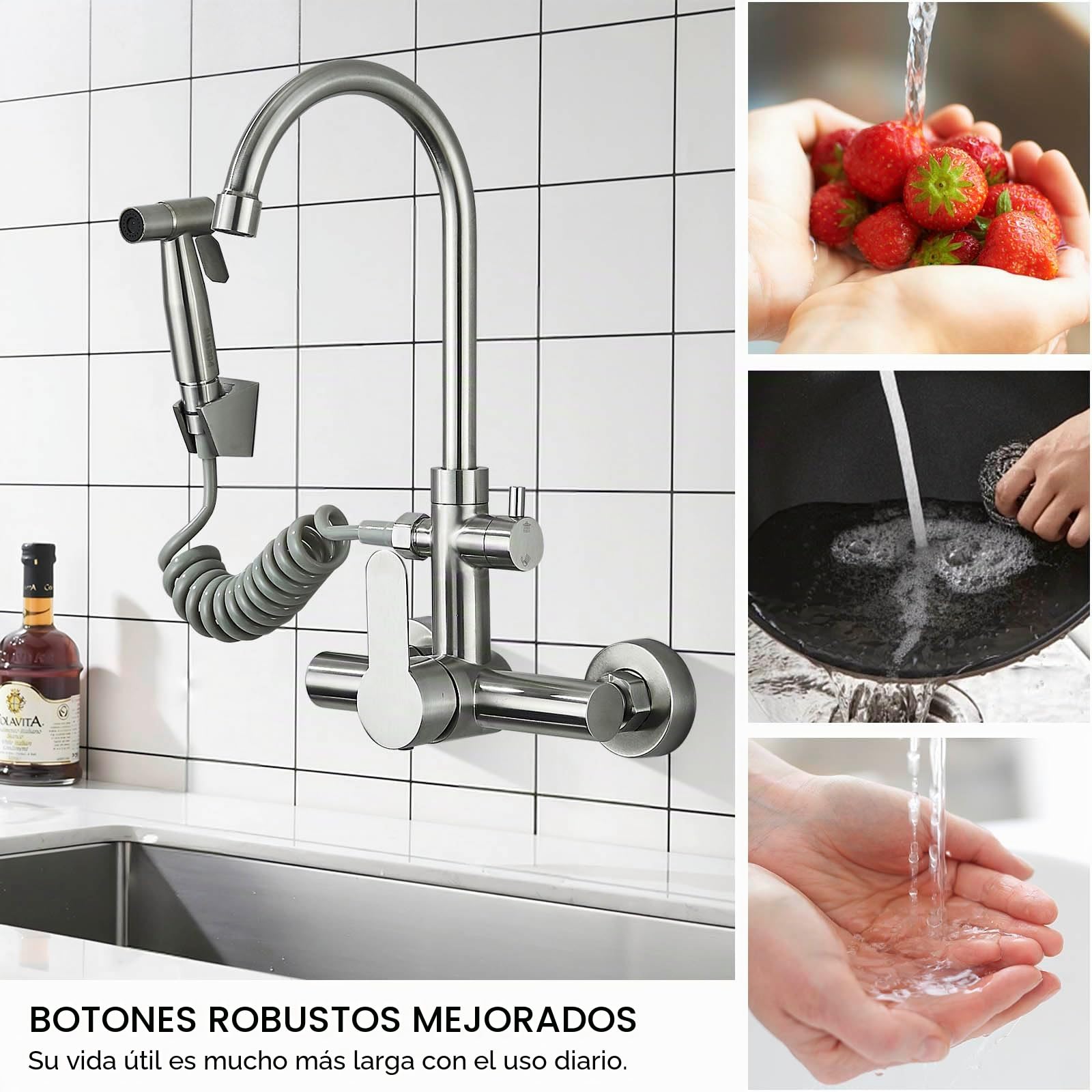 Grifo de cocina montado en la pared, grifo de pared para cocina con pistola pulverizadora, giratorio 360°, montaje en pared, acero inoxidable cepillado