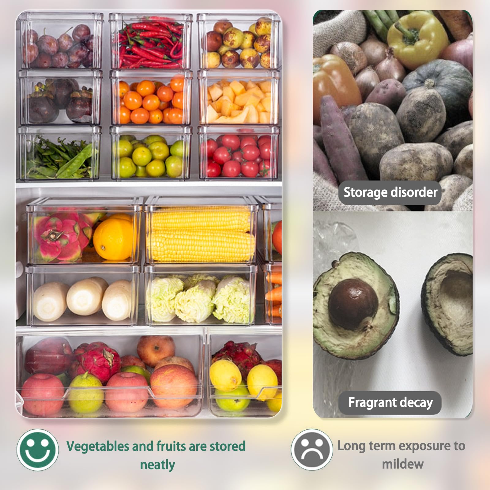 Kühlschrank-Organizer und Aufbewahrungsbehälter, transparent, BPA-frei, mit Deckel, stapelbare Lebensmittelbehälter für Obst, Gemüse, Snacks, Getränke, 10 Stück (1 groß + 3 mittel + 6 klein)