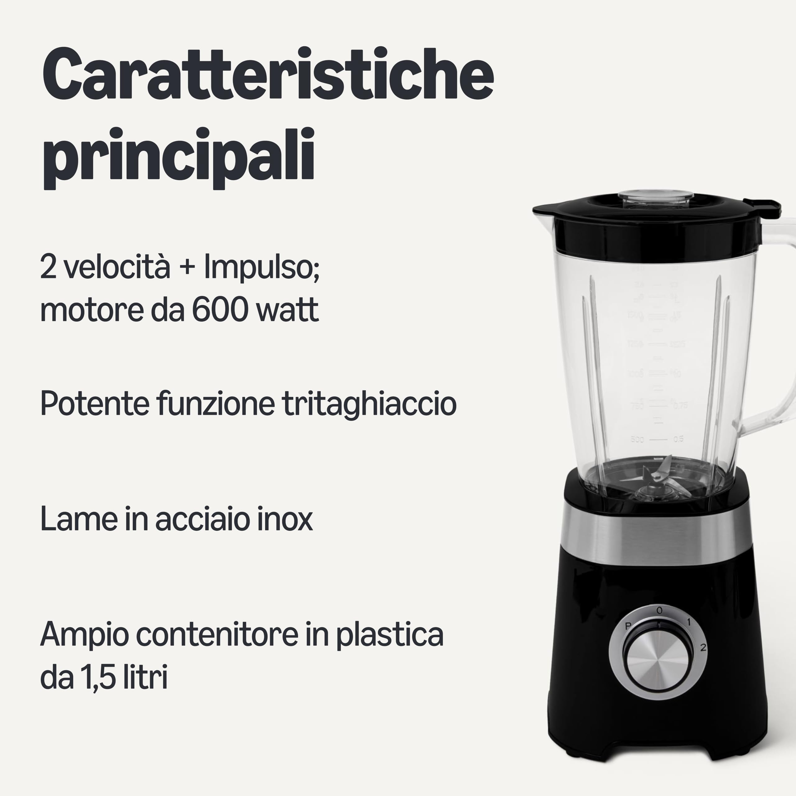 Amazon Basics Frullatore da cucina con recipiente in plastica da 1.5 l, 600 W, per preparare frullati e tritare il ghiaccio, Nero