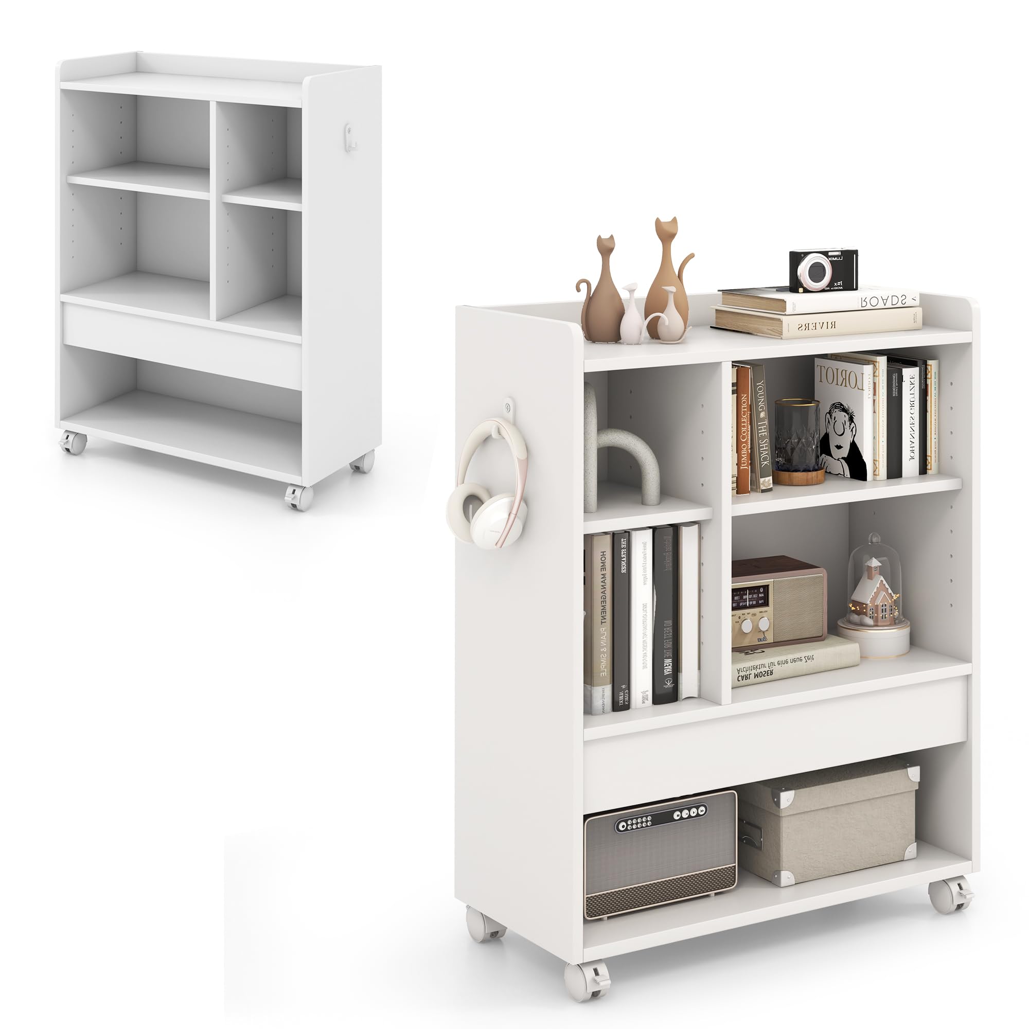 KOMFOTTEU Mobile Porta Stampante con Cassetto, Ganci, Protezione Bordo, Ripiani Regolabili, e Ruote Bloccabili, Schedario da Ufficio in Legno， Mobiletto da Archivio, 63,5 x 30 x 84,5 cm (Bianco)