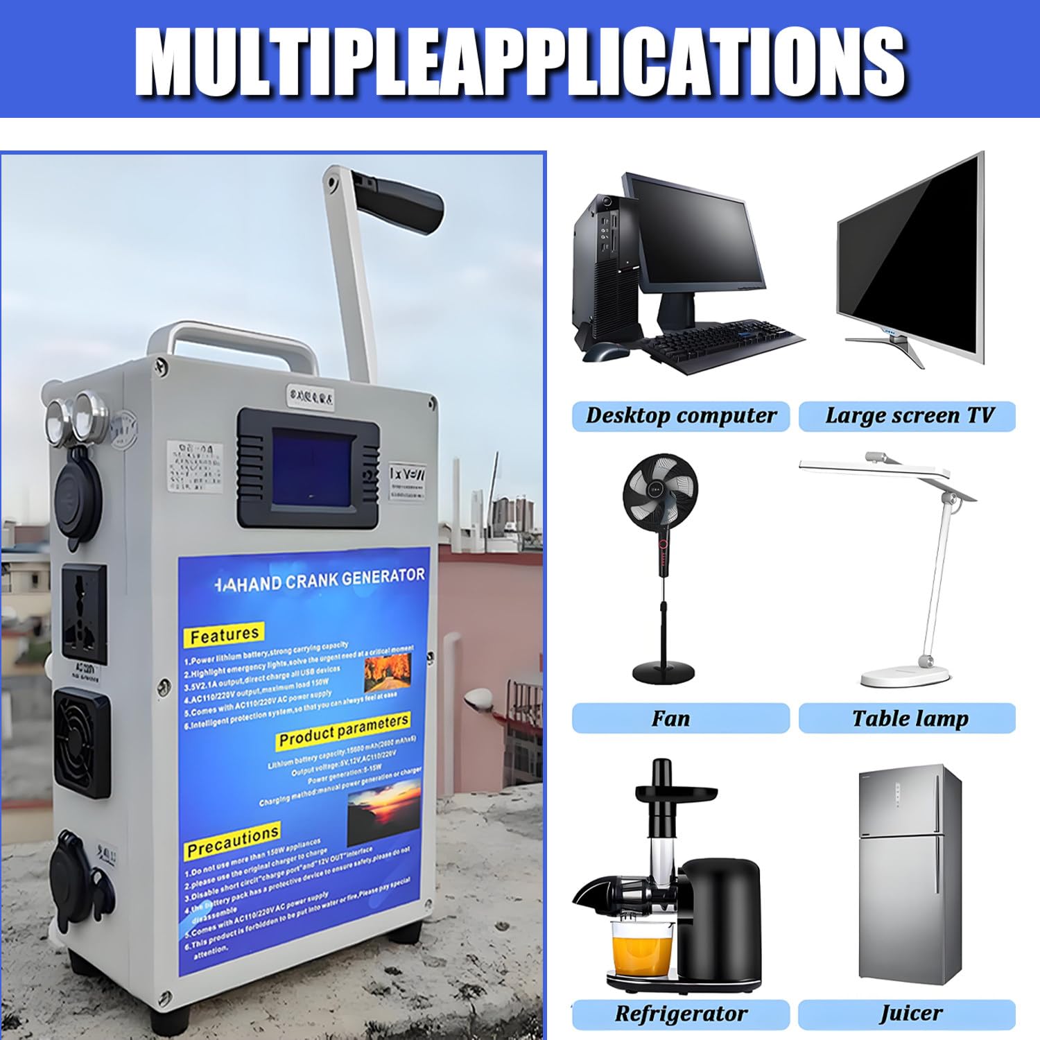 Generatore a manovella da 500 W, generatore a manovella da Campeggio con Prese da 220 V DC12V USB5V, Alimentazione di Emergenza per emergenze, Campeggio, interruzioni di Corrente improvvise