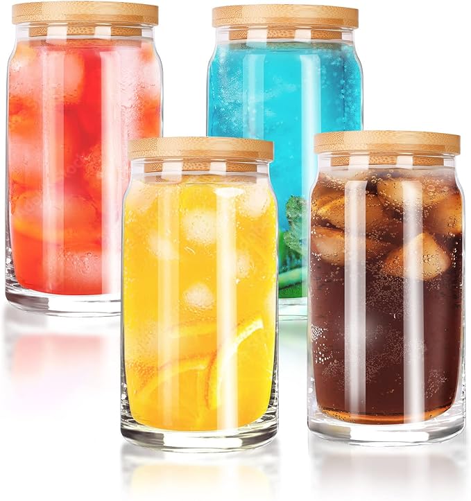 TECKWRAP Drinking Glasses, Beer Can Glass Cups with Bamboo Lids 16oz 4pcs, Can