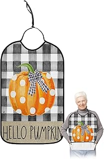 Kewadony Adult Bibs for Elderly Women - Thanksgiving Waterproof Dining Clothing Protectors with Crumb Catcher for Eating/Feeding, Fall Orange Pumpkin Polka Dot Black White Plaid Terry Cloth Bib