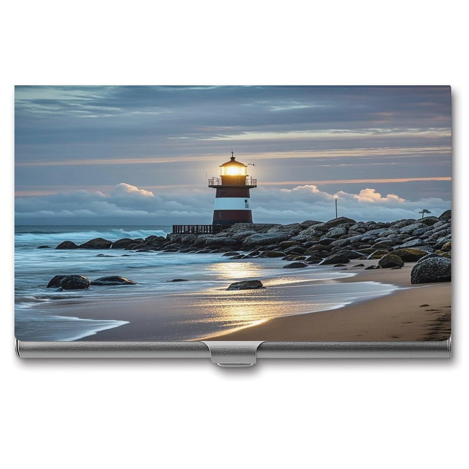 FekiLoot Sea Lighthouse Business Card Holder for Men Women Metal Slim Organizer Business Card Carrier Wallet Name Cards Holder Retro Slim Pocket Purse Small Portable Card Case