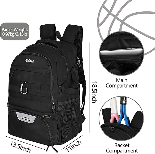 Miniatura 6 de Goloni Bolsa de raqueta de tenis para hombre, dos raquetas, mochila de pickleball para mujer con compartimento para zapatos, adecuada para