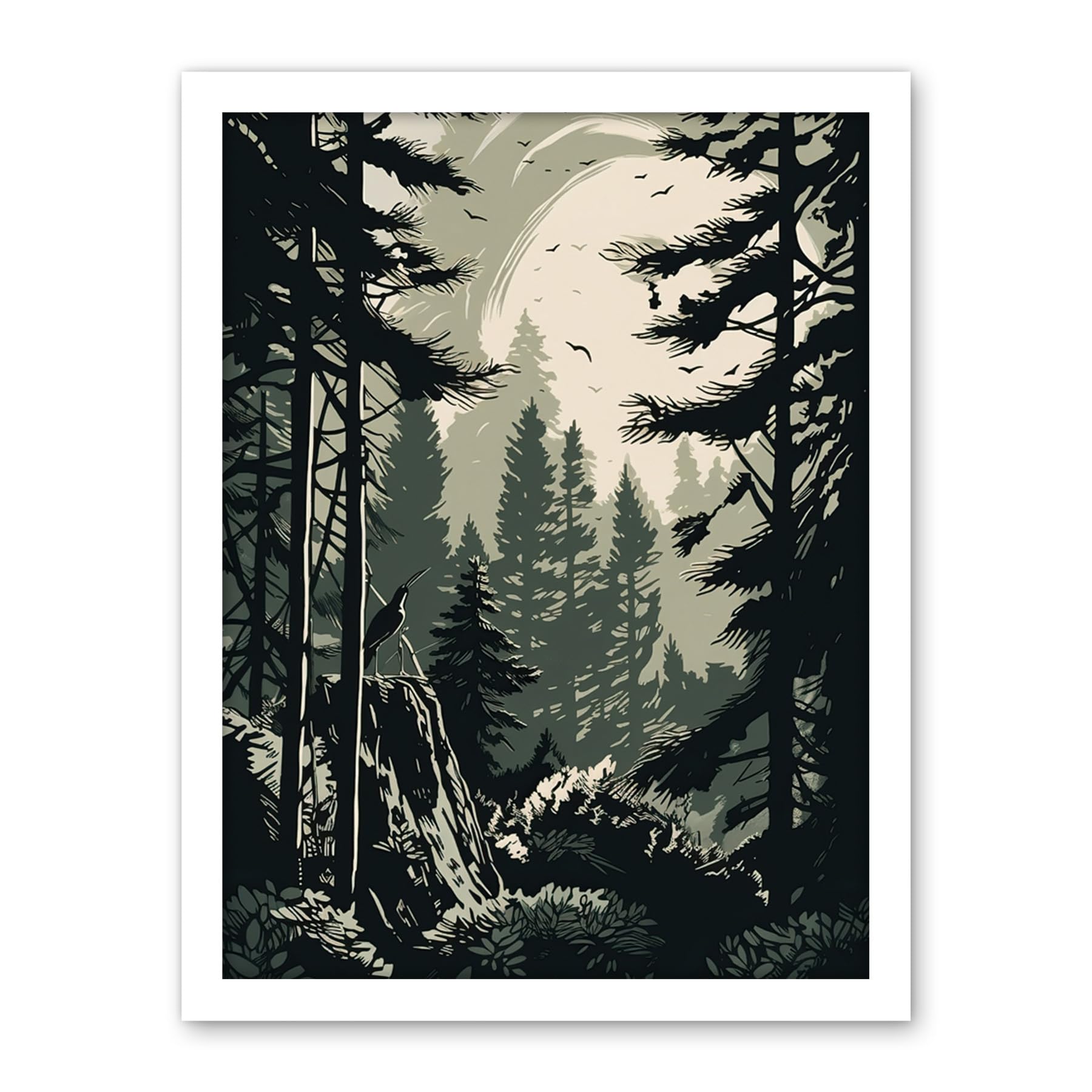 Artery8 Pine Tree Forest Sunrise Landscape Large Framed Wall Art Print - W18 inch x H24 inch - White