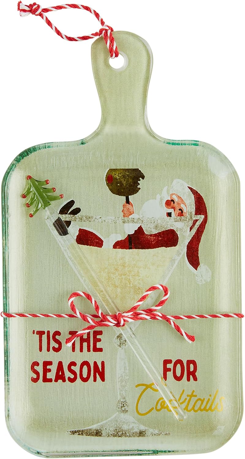 Mud Pie Santa Holiday Glass Serving, board 10" x 7 1/4" | stirrer 7 1/2", MULTI