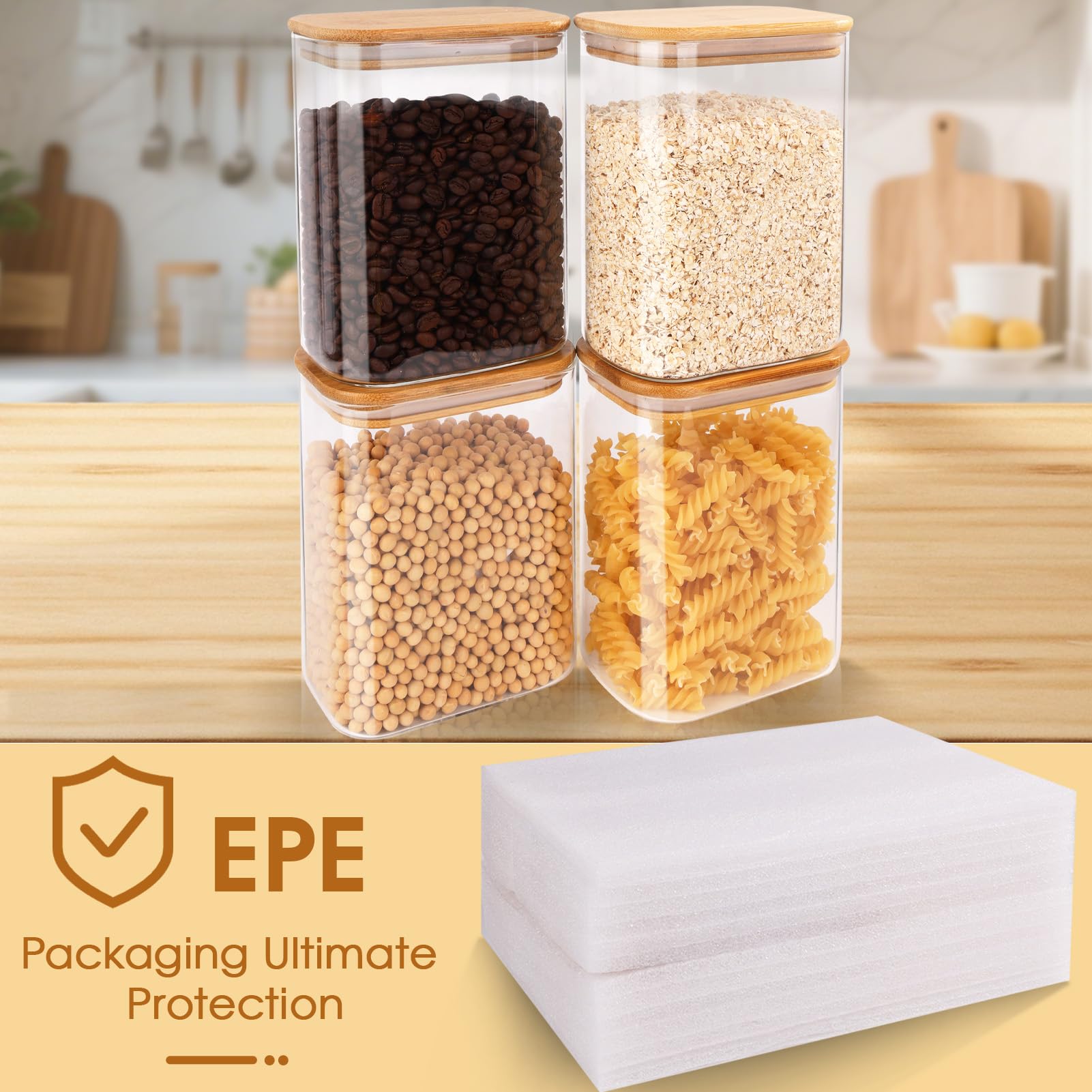 FoiiLiio 1,25 L Rectangle Conteneurs en Verre Lot de 4 Bocaux en Verre Avec Couvercles en Bambou Φ12x8x15cm Bocaux Rangement Cuisine en Verre pour Céréales, Cornflakes, Haricots