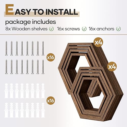 Miniatura 5 de SEHERTIWY Paquete de 8 estantes flotantes hexagonales, estante de pared de nido de abeja de madera marrón para casa y oficina