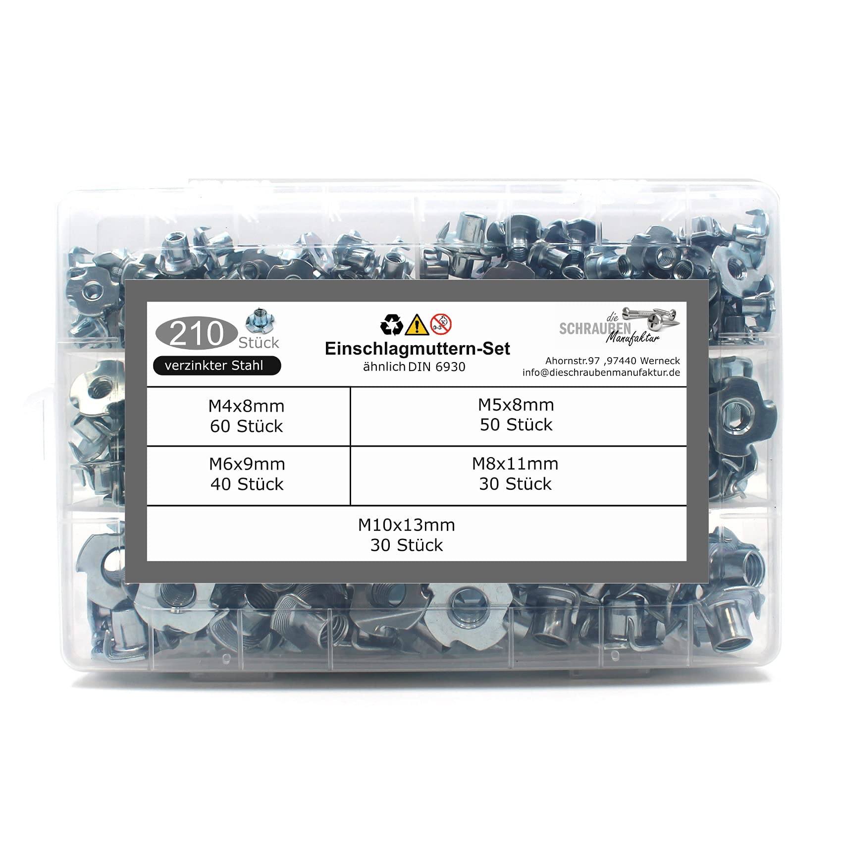 Juego de 210 tuercas de impacto con 4 puntas de impacto similares a DIN 6930/acero galvanizado, tamaños M4, M5, M6, M8, M10