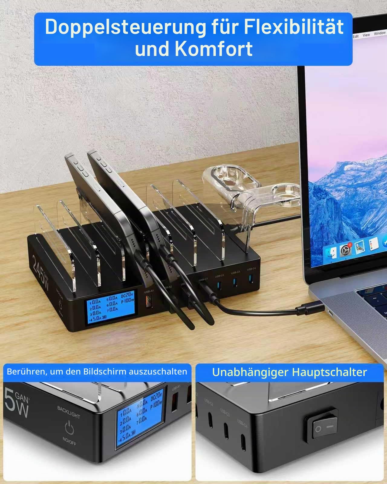 245W Ladestation für Mehrere Geräte, 7-Port USB Ladestation Handy Ladestation mit LCD-Anzeige mit 7 Kabeln und i-Watch Ladegerät Halterung Enthalten, für iPhone, Tablets und Andere Elektronik -schwarz