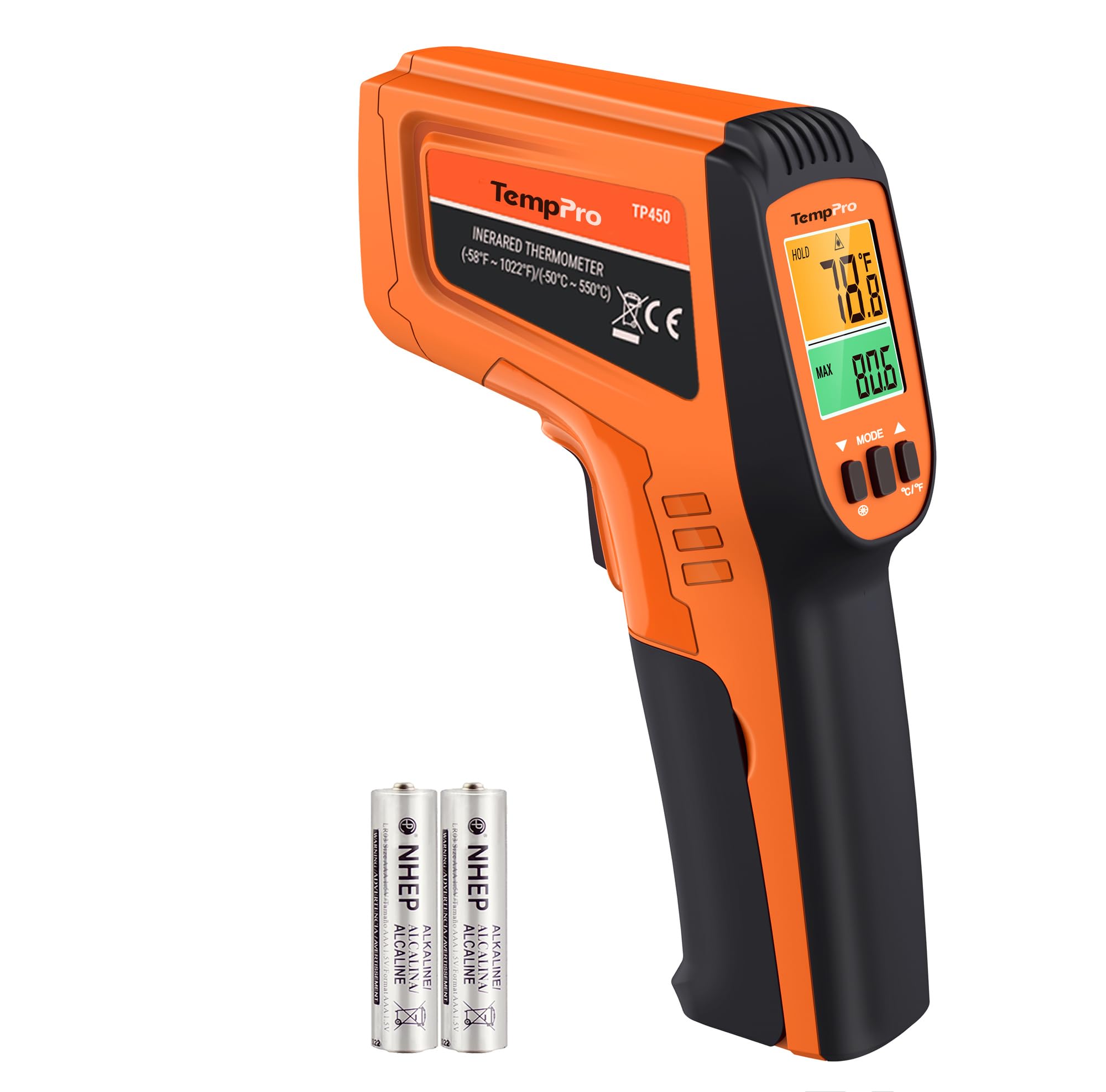 TP450 Dual Laser Temperature Gun for Cooking, Digital Infrared Thermometer for Pizza Oven Grill, Laser Thermometer Gun with Adjustable Emissivity Temp Gun -58℉to 1022℉(Not for Human)