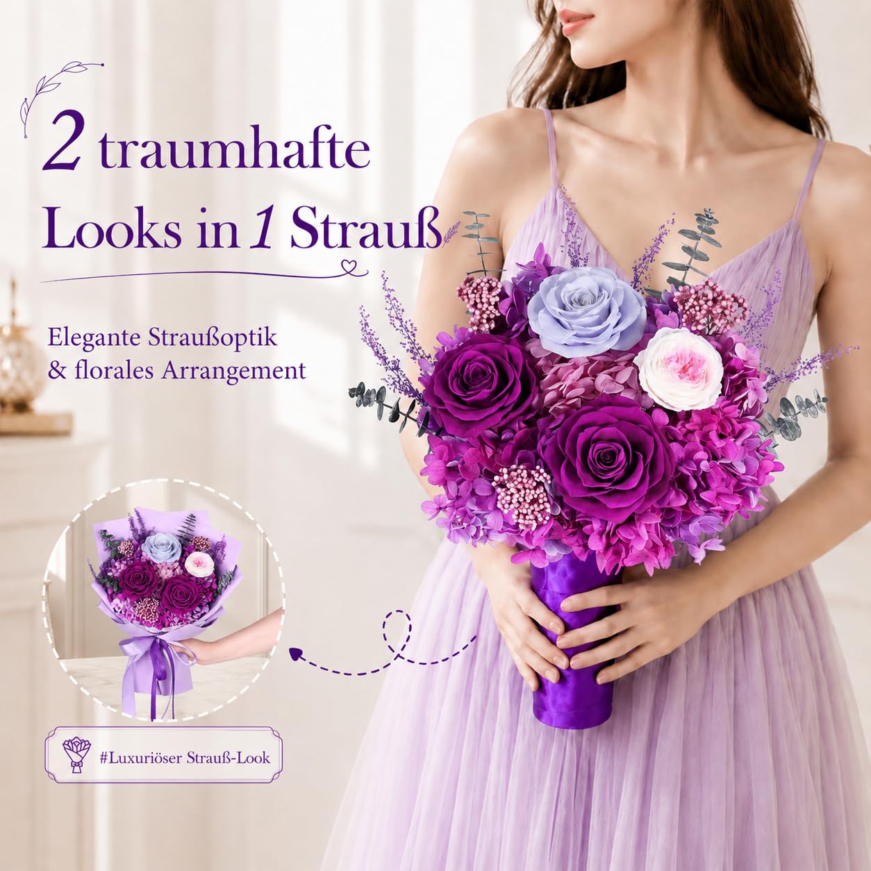 Ewiger Blumenstrauß Dunkellila, konservierte Rosen, für Frauen Mama | Echte konservierte Rosen,jahrelang haltbar; mit Geschenkbox; zum Muttertag, Geburtstag, Jahrestag für Mama, Oma, Ehefrau