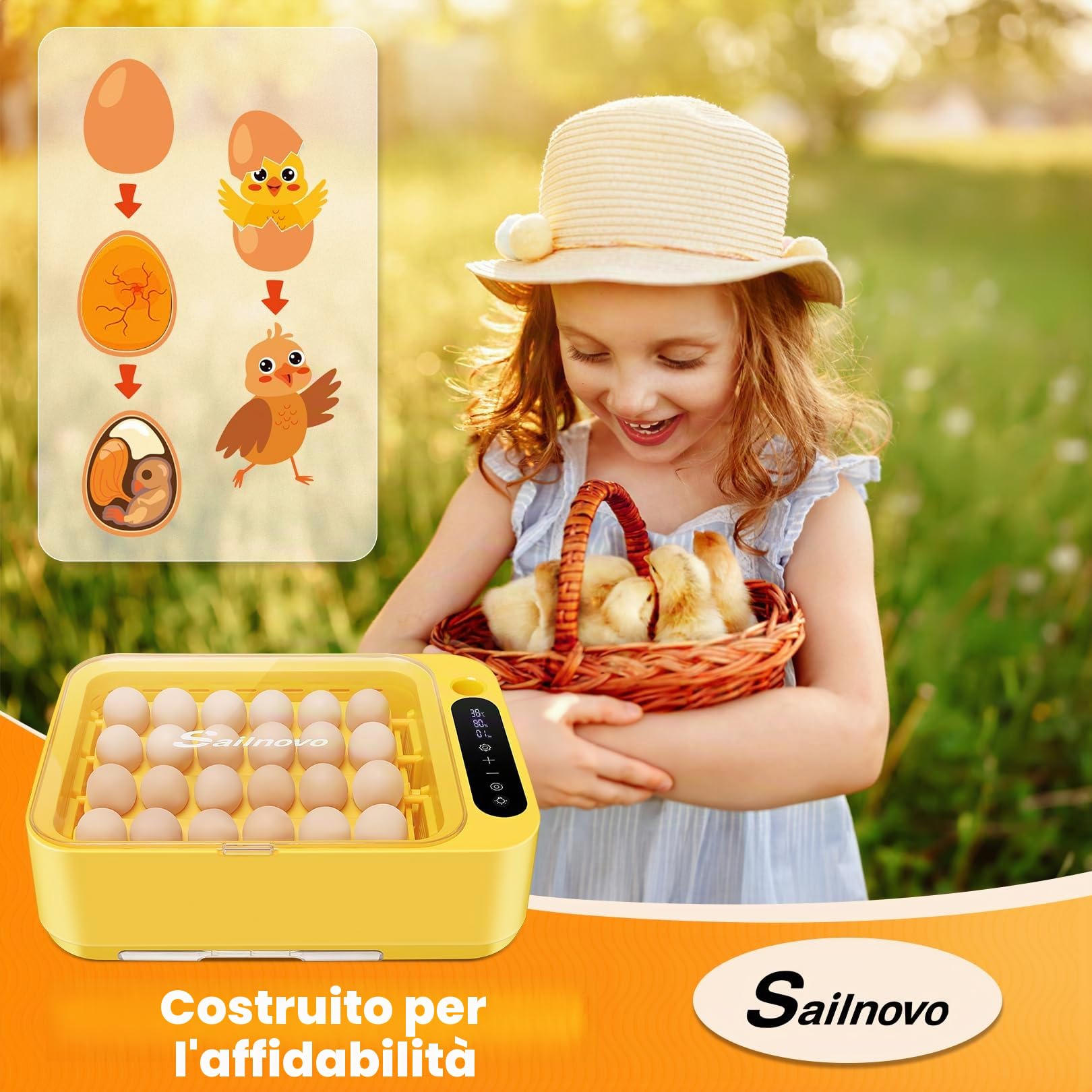 Sailnovo - 24 incubatrici per polli, altri uccelli + 20 uova + incubatrice completamente automatica + controllo della temperatura + indicatore di umidità + aggiunta di acqua esterna - giallo