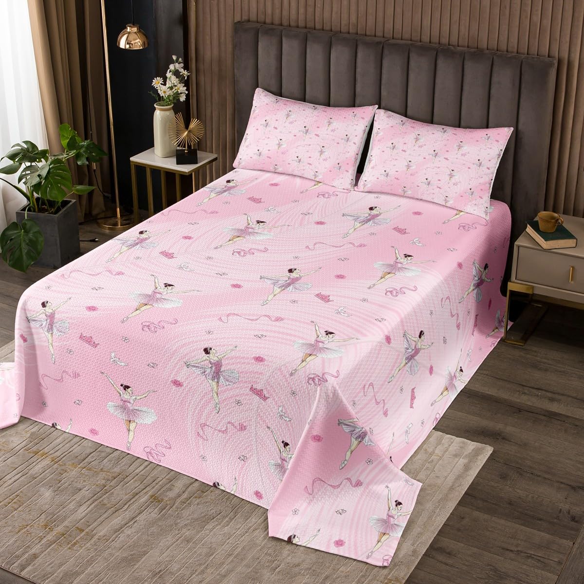 Erosebridal Pink Ballet Dancer Quilt Set Twin Girls Ballerina Bedspread Set Dreamy Princess Bedspread Sets Pink Rose Ribbon Decor Coverlet Set Pink Dancing Ballerinas Bed Set 2 Piece