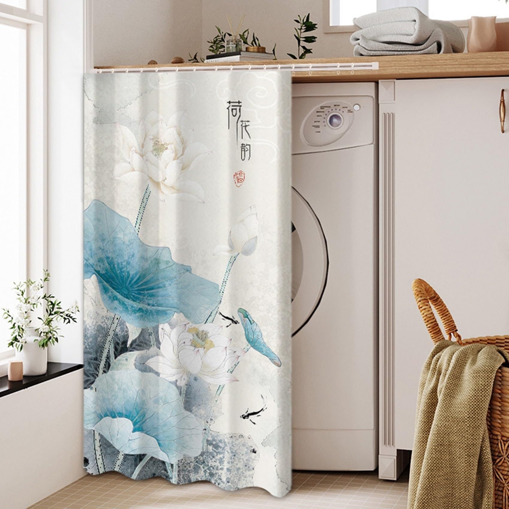 GUOIOOI Dishwasher Curtain,No Drill Silent Curtain for Washing Machine,Waterproof Privacy Hanging Blind with Ink Wash Floral Print for Laundry Area Under Sink(Light blue,W50*L70cm)