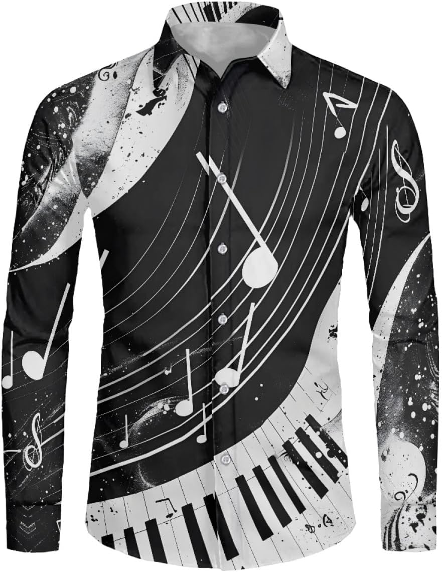 GLUDEAR Mens Novelty Music Notes Art Print Long Sleeve Hawaiian Slim Fit Button Down Shirts