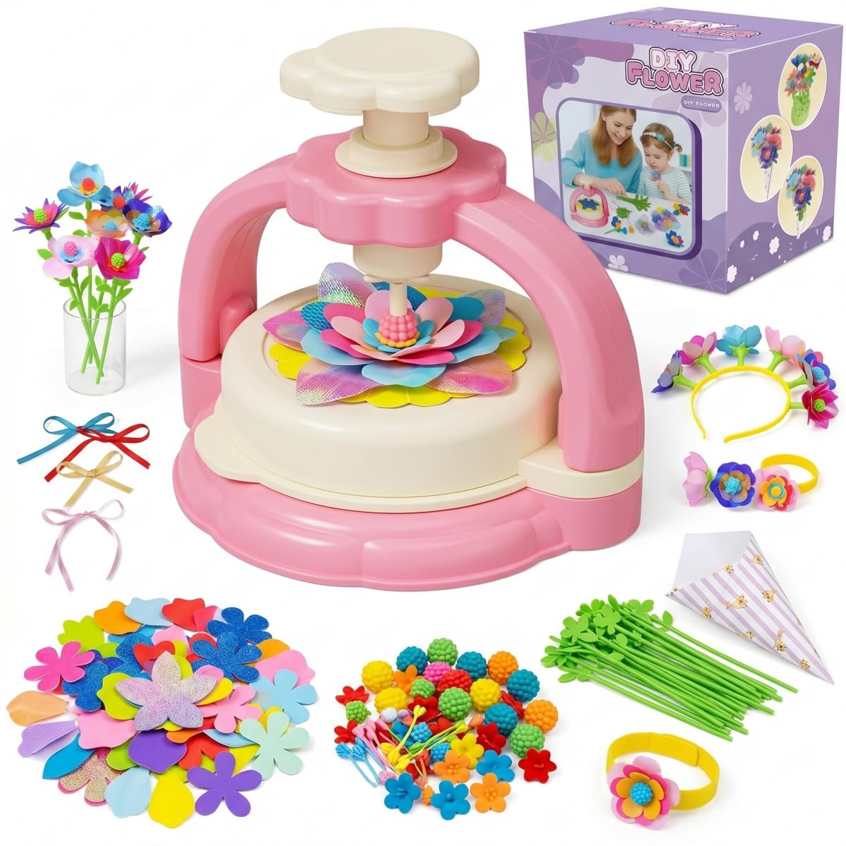 Blumenpresse Kinder mit doppelt so viel Zubehör, Geschenk Mädchen ab 4 5 6 Jahre, DIY Blumen Basteln für Haarreif Armband Ring,Blumenpresse Kinder