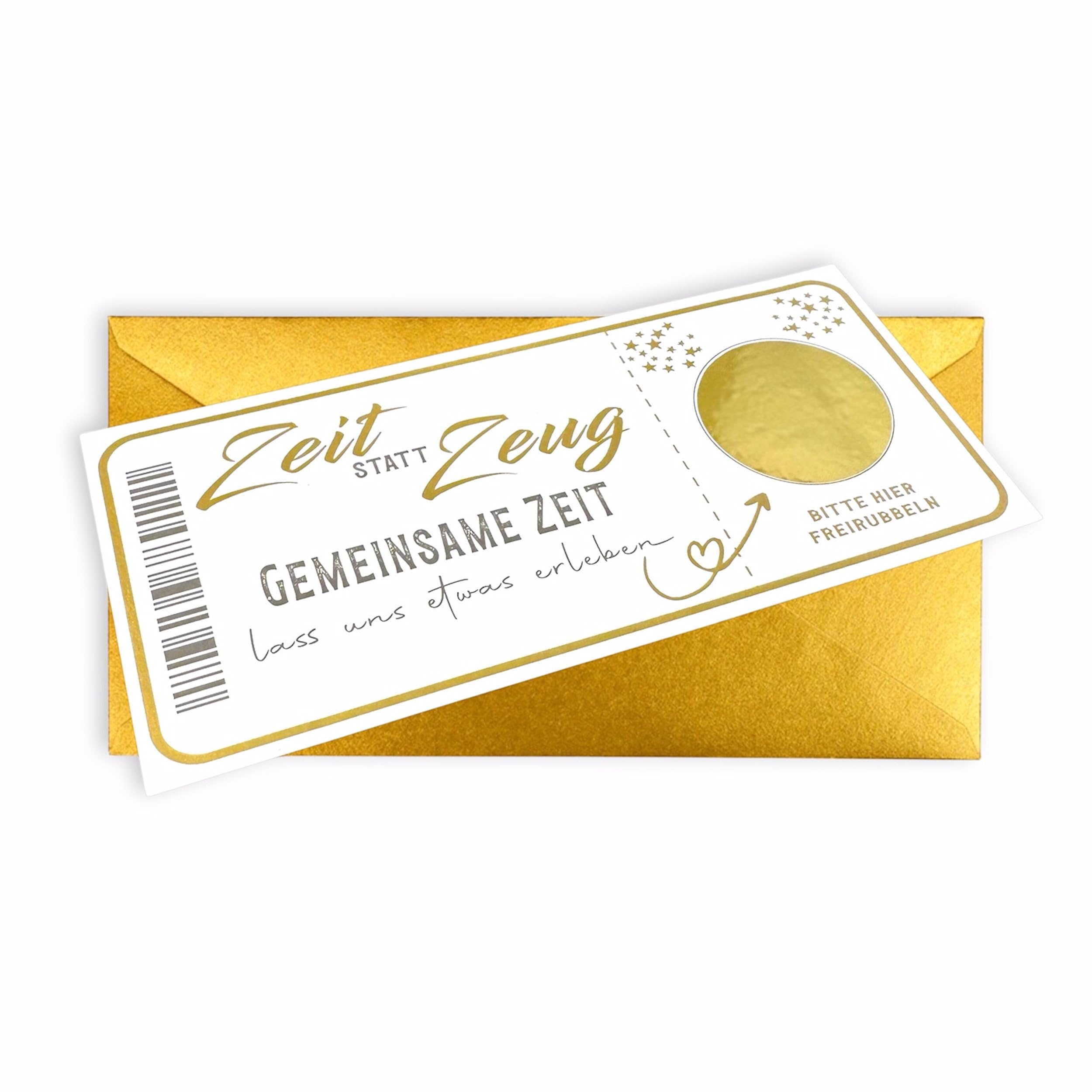 Glückslos Zeit statt Zeug mit Rubbelaufkleber - Rubbelkarte zum beschriften - Einzigartige Geschenk Verpackung - Karte als Gutschein oder Geschenkidee zum freirubbeln mit goldenem Umschlag