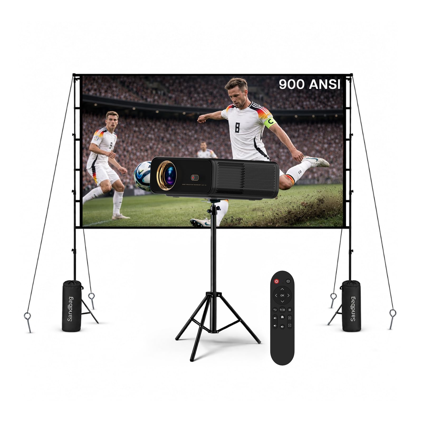 Beamer mit WiFi & Bluetooth Outdoor, 100 Zoll Projektionsleinwand & Stativ von MMOBIEL – Native 1080P, 900 ANSI, 4K Unterstützt, Auto Trapezkorrektur, 50–300 Zoll Anzeige – Für HDMI,USB, iOS & Android