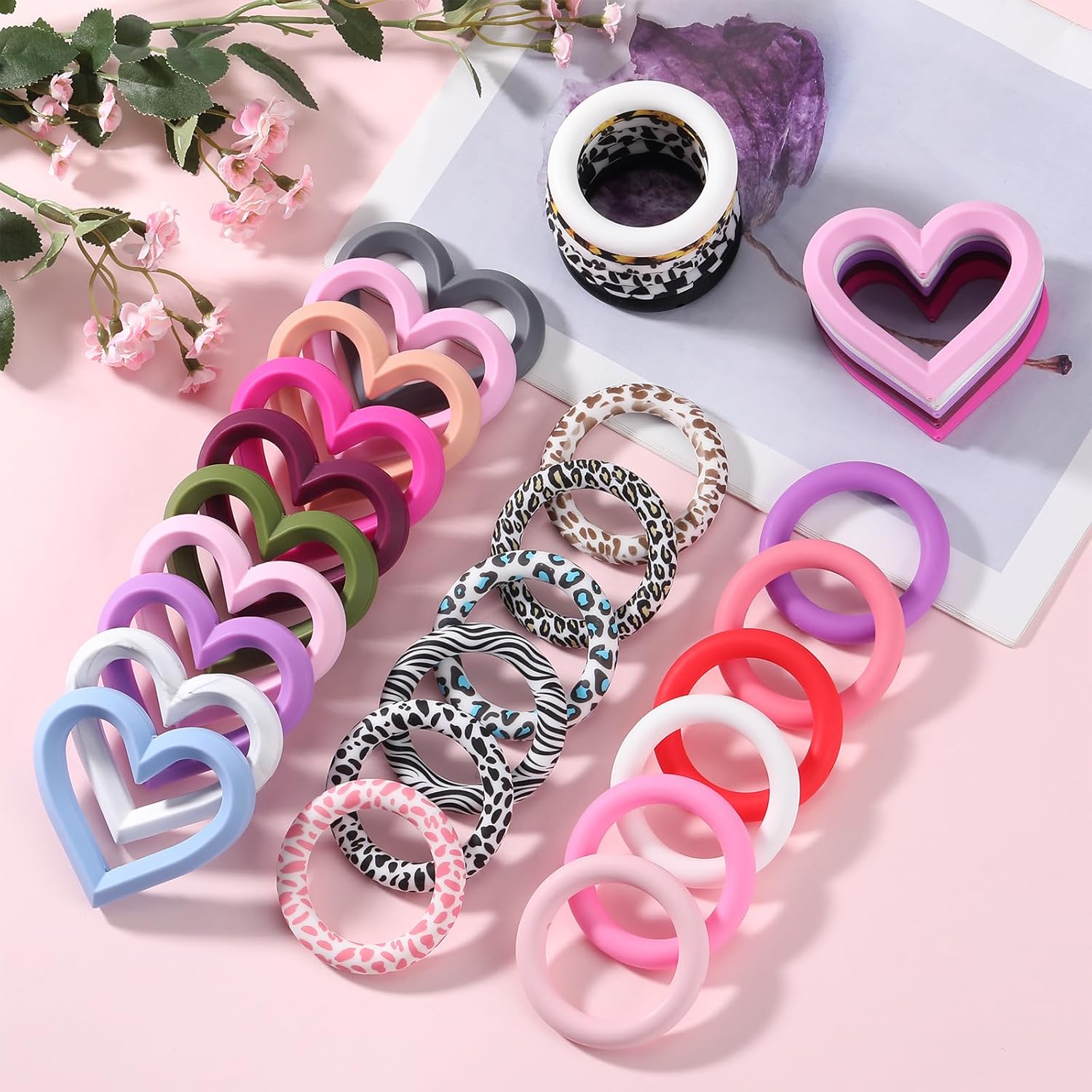 12 Pieces Silicone Ring Bead Silicone Beadable O Rings 65mm Silicone Ring with 2 Silicone Holes for DIY Keychain Car Charms Jewelry Making Pendants（Circular Heart Mix） - Image 7