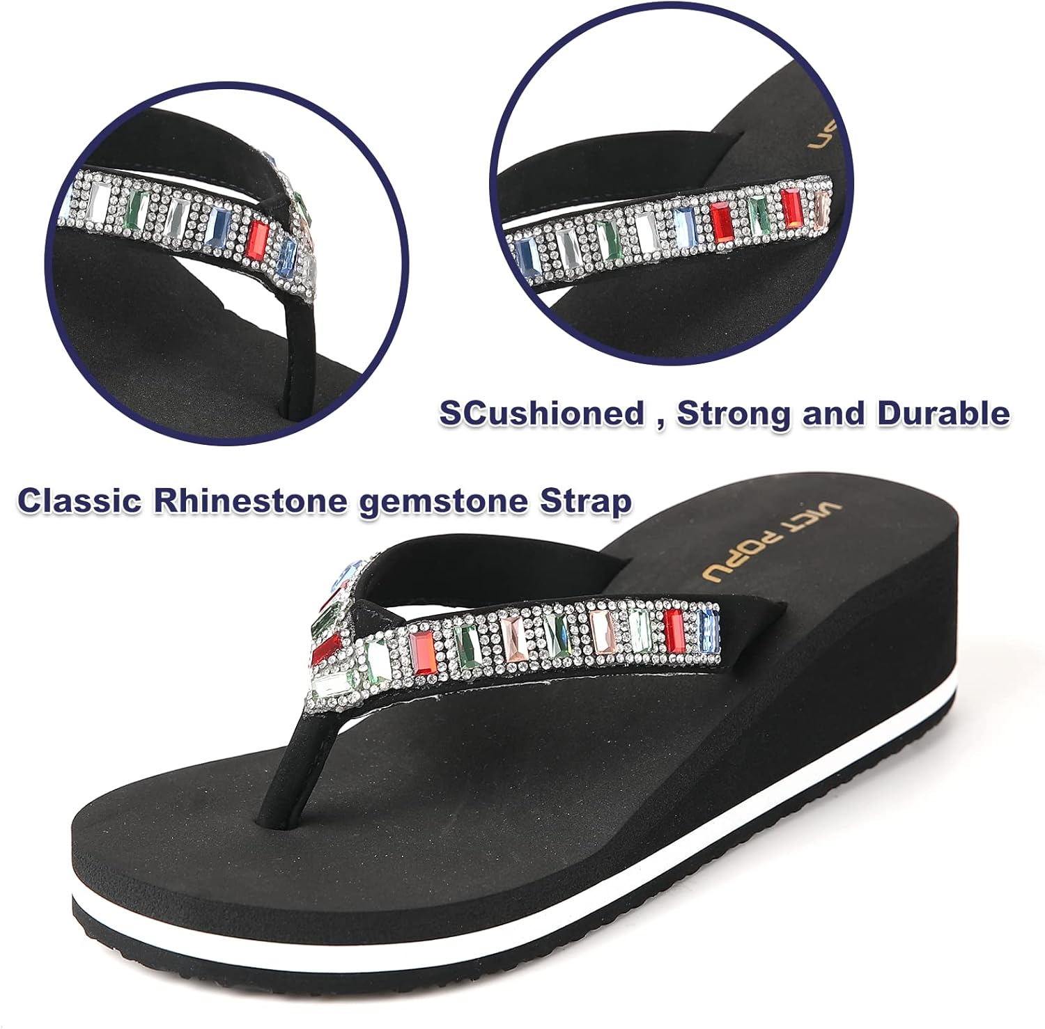 VICT POPU Flip Flops Sandals for Women Bling Rhinestones Jewel High Heel Arch Support Comfortable Soft Cushion Wedge Slip-on Casual Platform Summer Thong Sandals - Image 2