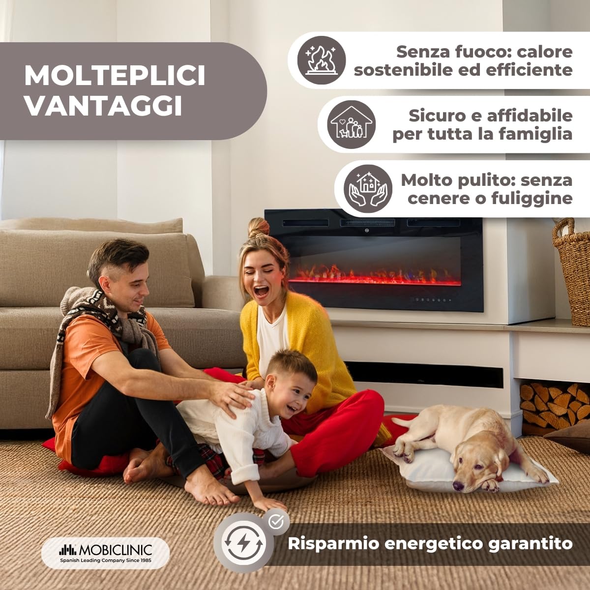 Mobiclinic®, Camino elettrico da parete, 900/1800w, Telecomando e funzione wifi app, Protezione contro il surriscaldamento, 15 colori variabili, Timer, Fury, Per ambienti a partire 25 m2