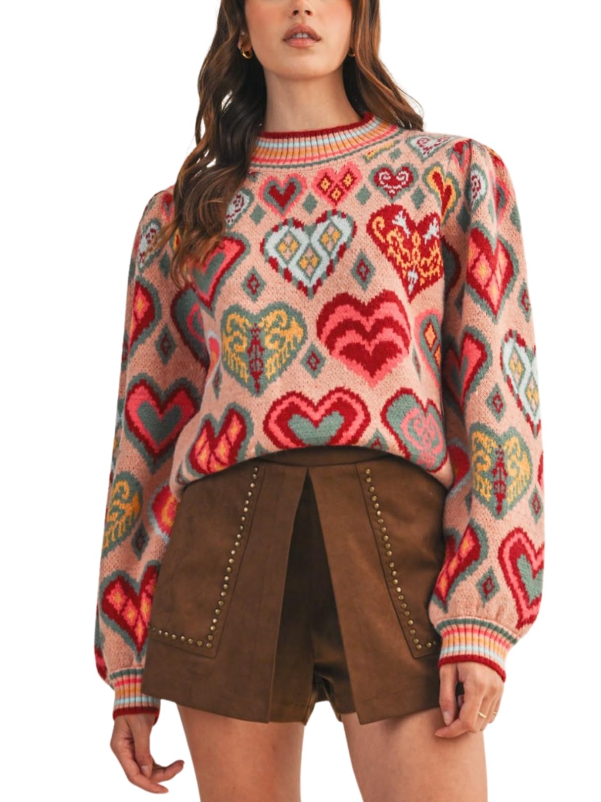 Womens Heart Pattern Sweater Valentines Ballon Sleeve Pullover with Striped Mock Neck and Ribbed Hem Top