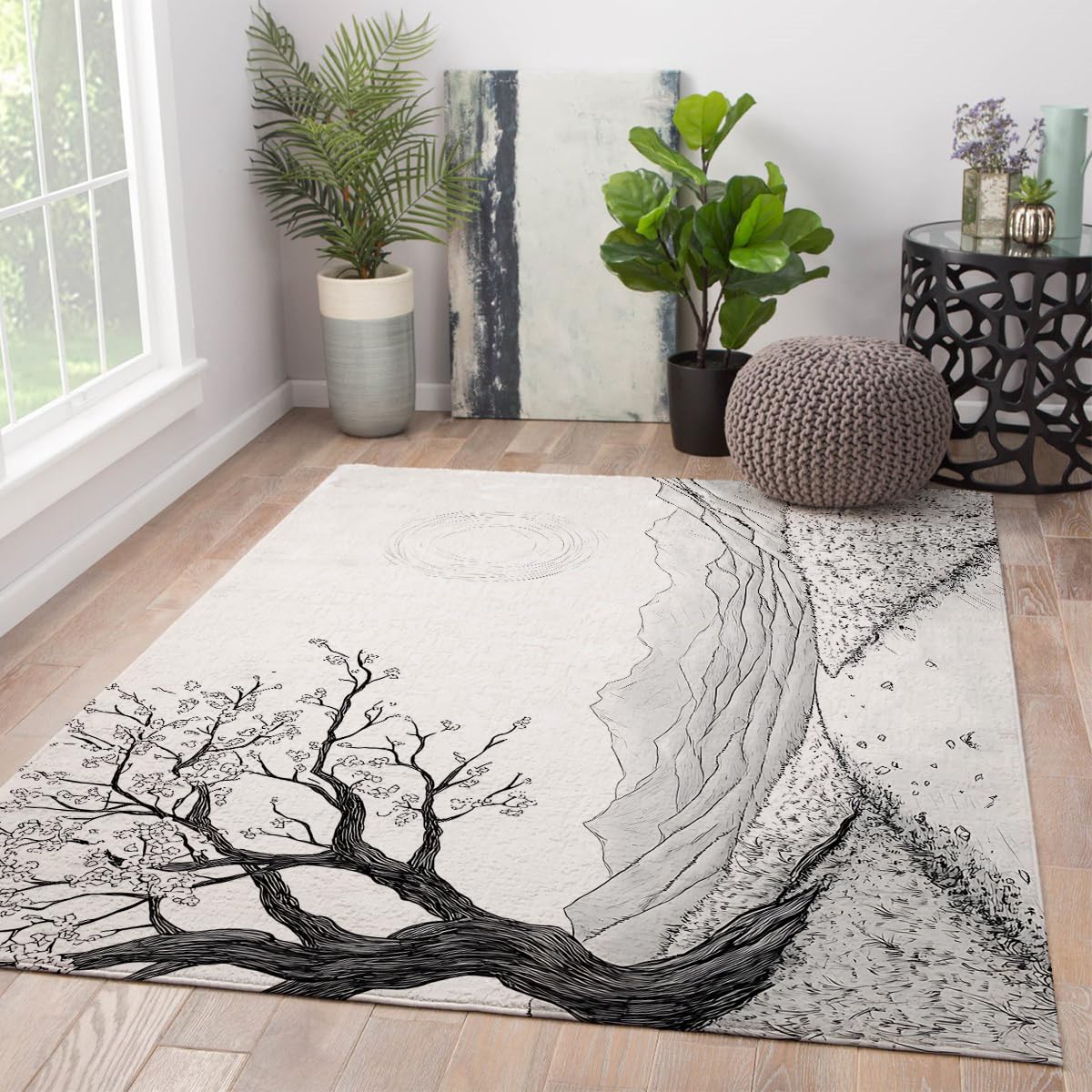 Dywan do salonu 180 x 200 cm czarny biały orientalny zmywalny duży dywan wewnętrzny kwiat wiśni dywan z niskim włosiem do sypialni biura