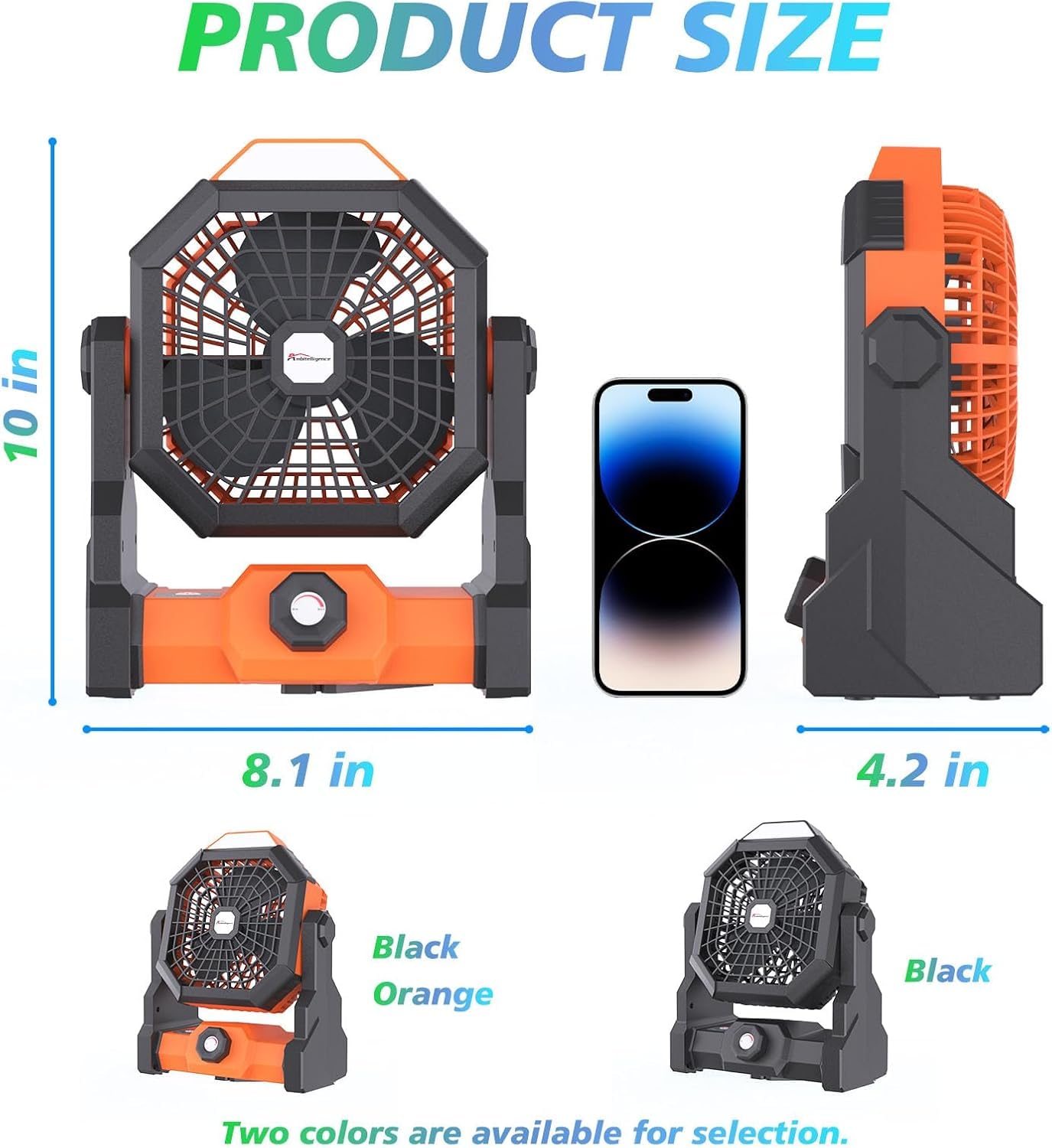 Batteriebetriebener Ventilator, 10400 mAh Campingventilator, wiederaufladbar, tragbarer Ventilator mit LED-Laterne, USB-batteriebetriebener Zeltventilator für Camping, mit Haken & 270 °-orange