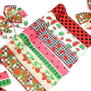6 Rolls Summer Fruit Wired Edge Ribbon, 30 Yards Total 2.5 Inch Watermelon Strawberry Polka Dot Ribbon for Wreath Bow Making, Spring Summer Decorations, Gift Wrapping, Party Supplies