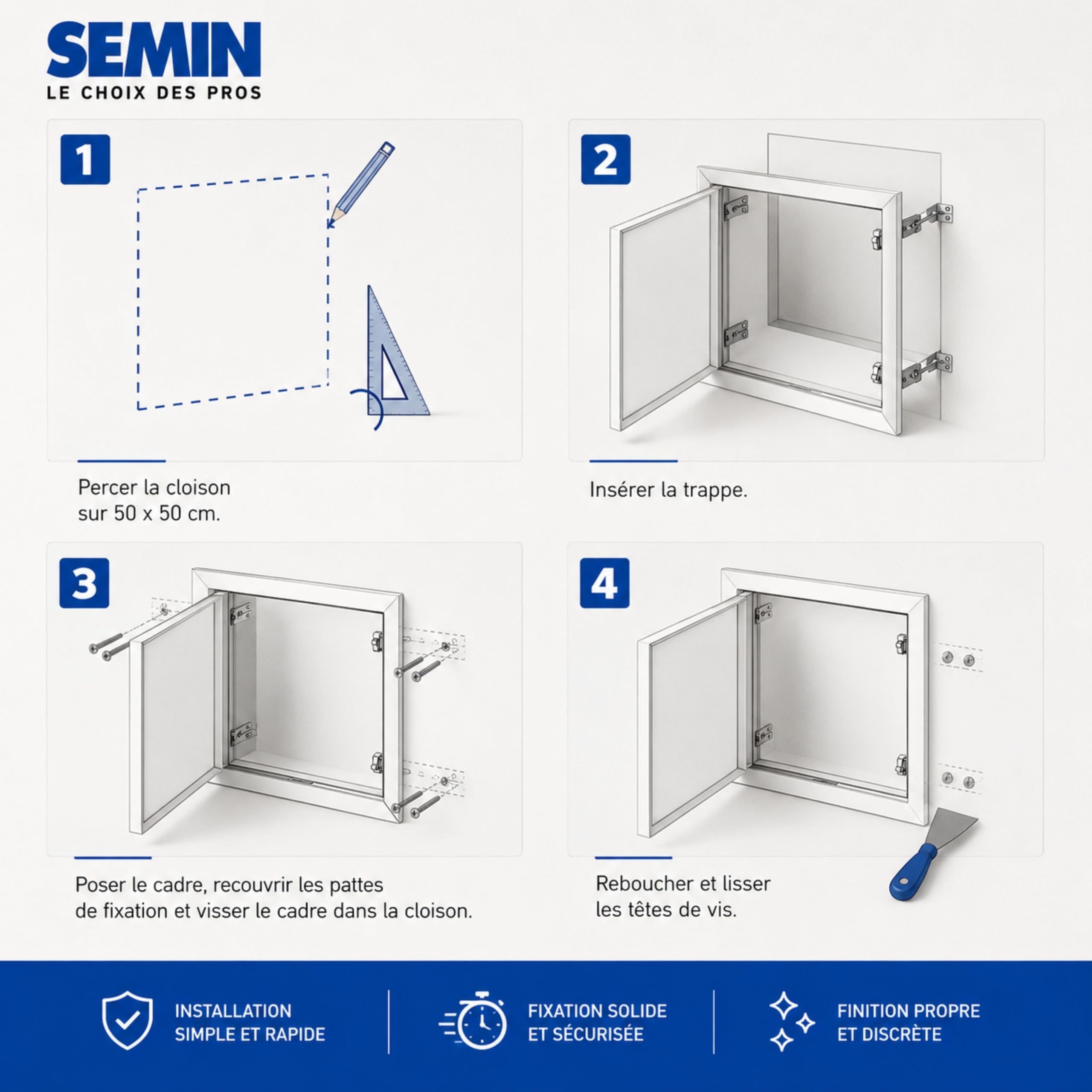 SEMIN Trappe de Visite HQ 500 x 500 mm – Trappe Métallique Laquée Blanche – Isolante Acoustique 29,8 dB – Étanche à l’Air et à la Poussière – Mur et Plafond – VMC et Gaines Techniques