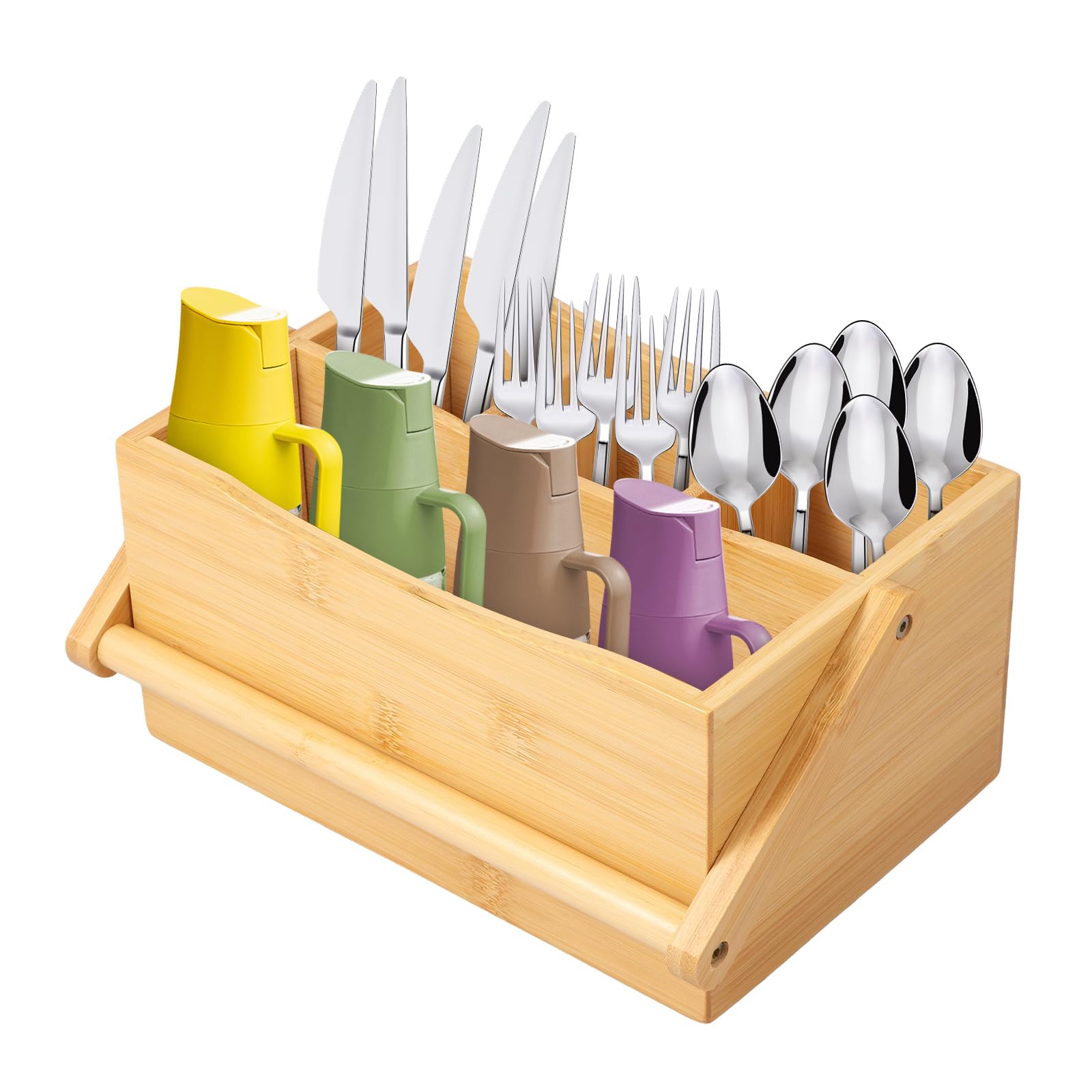 NIHUIFDPY Kitchen Utensils Holder, Bamboo Cooking Utensil Organizer with 4 Compartments and Handle, Farmhouse Utensil Caddy Cooking Tools Storage for Knives Forks or Condiments