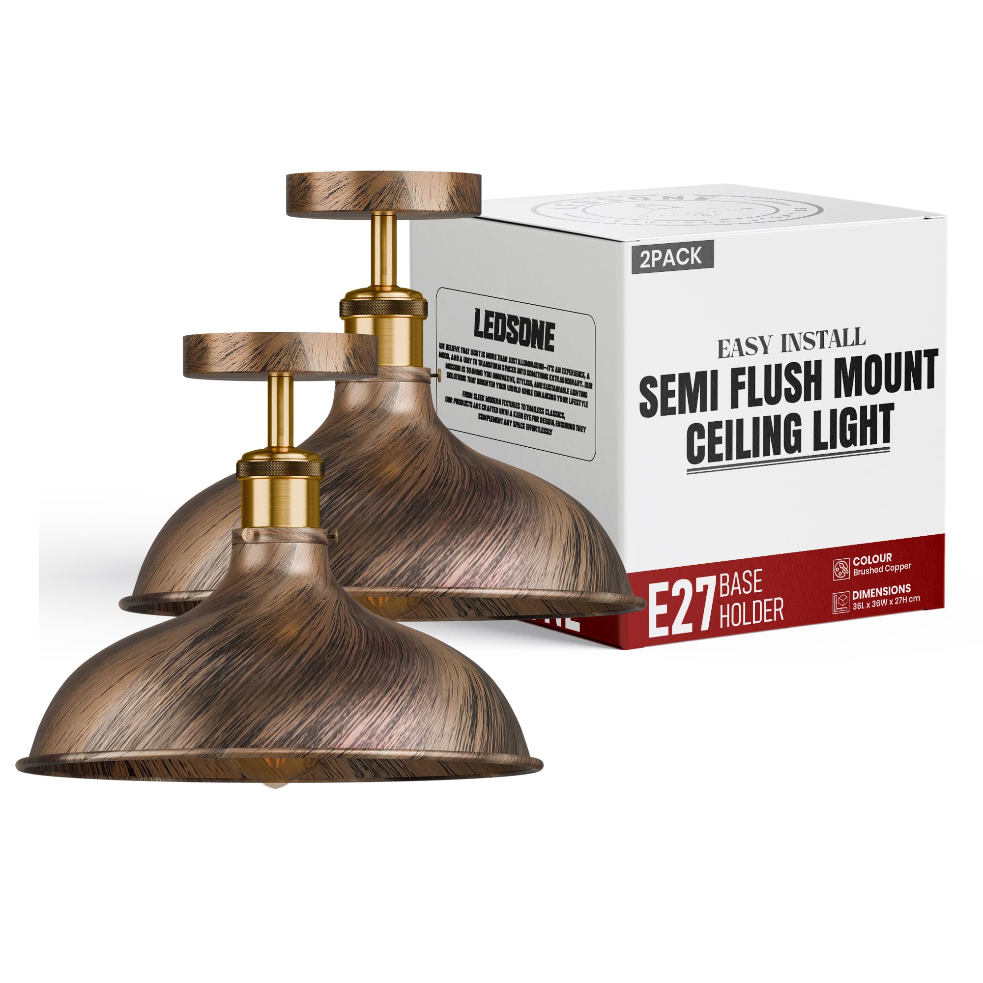 LEDSone Pack of 2 Vintage Industrial Ceiling Lights with Metal Lampshade 36cm Brushed Copper Semi-Flush Mount Lighting Fixture for Bedroom Living Room Hallway with Bulb