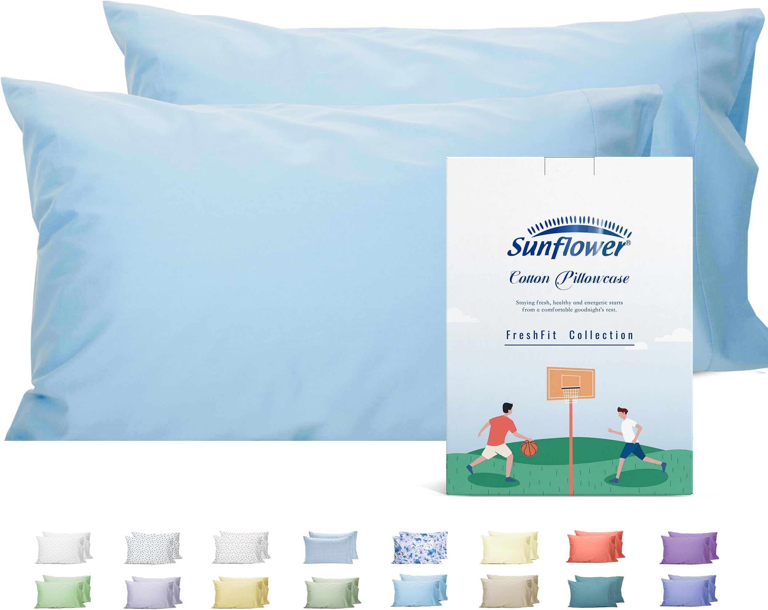 Sunflower King Pillowcases Set of 2, 100% Cotton King Pillow Cases 2, 20×40 inches Ashley Blue, Soft and Breathable