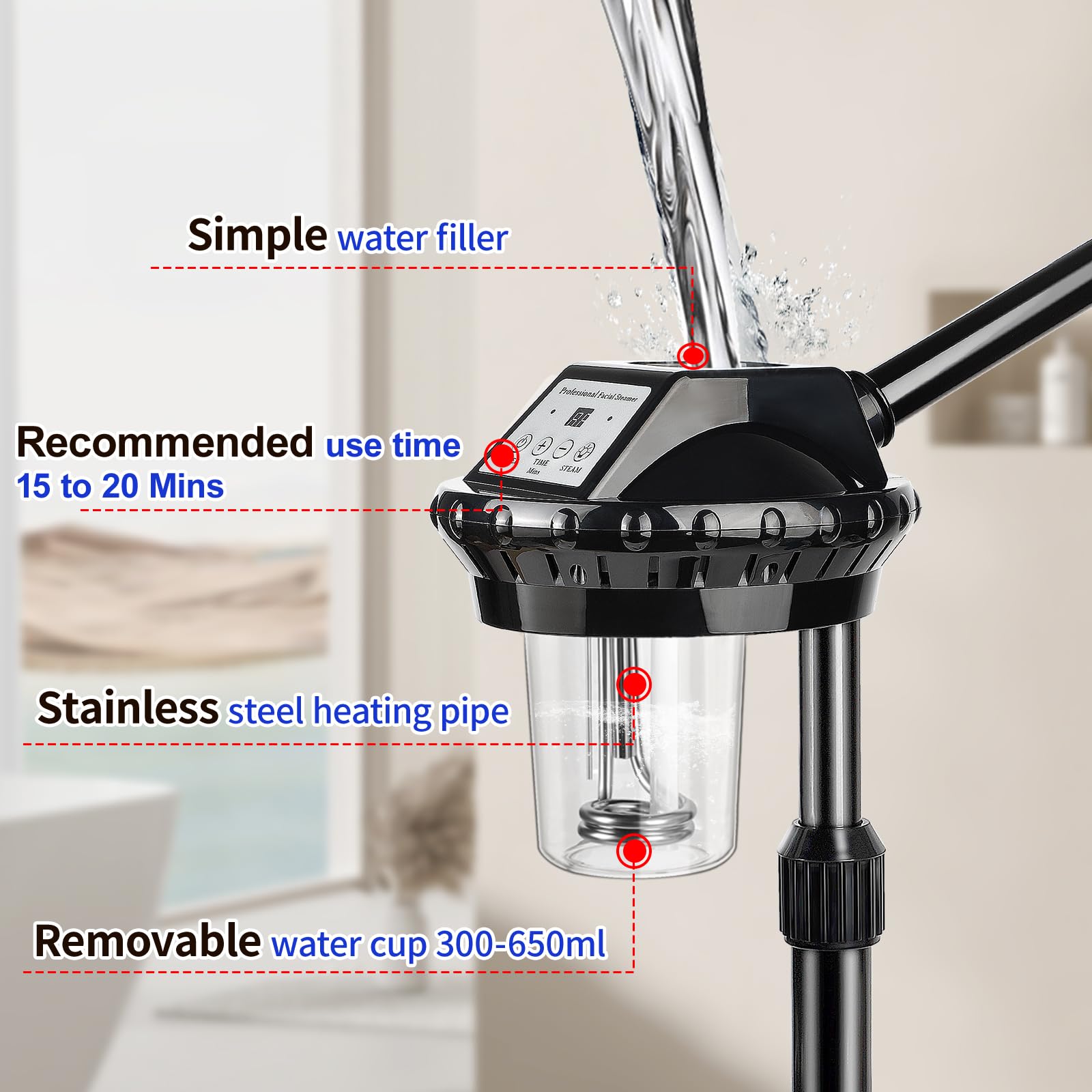 Vapore viso professionale, vaporizzatore viso all'ozono SPA su ruote, altezza e angolo regolabili, più vapore, umidificatore viso a nebbia calda, nebulizzatore per bellezza spa, uso domestico