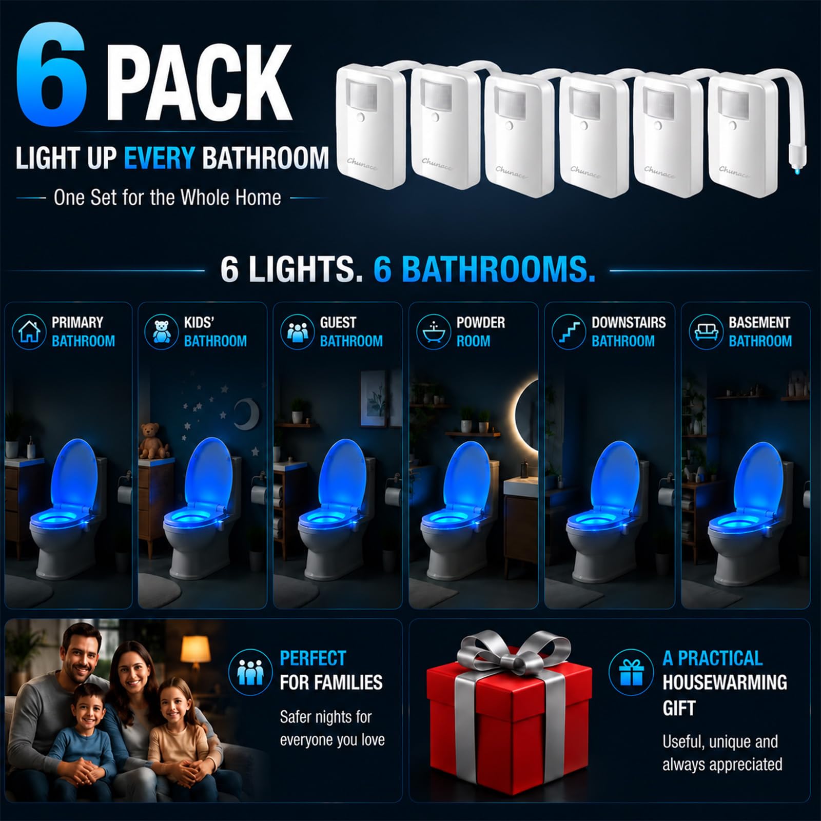Chunace WC-Nachtlichter, 16 Farbwechsel-LED-Nachtlichter mit Bewegungsmelder, cooles Spaß, Badezimmer-Dekoration, Gadget für Vater, Männer, Vater, Jungen, Mutter, 6 Stück