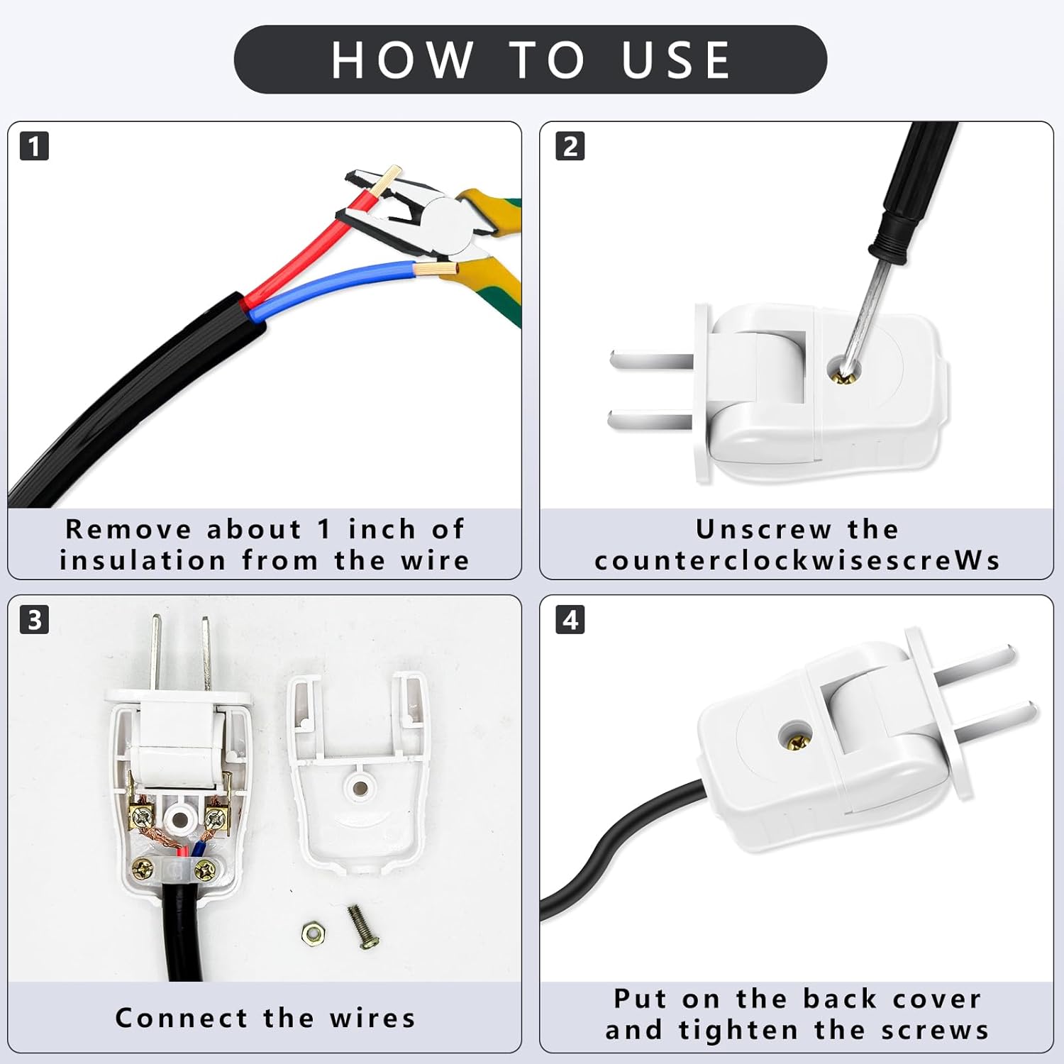 Replacement Plug 2 Prong, Replacement Electrical Plug 2 Prong, 6 Pack Rotatable Electric Plugs with 1 Screwdriver, for Small Appliances Power Strips Lamps DIY Craft, White