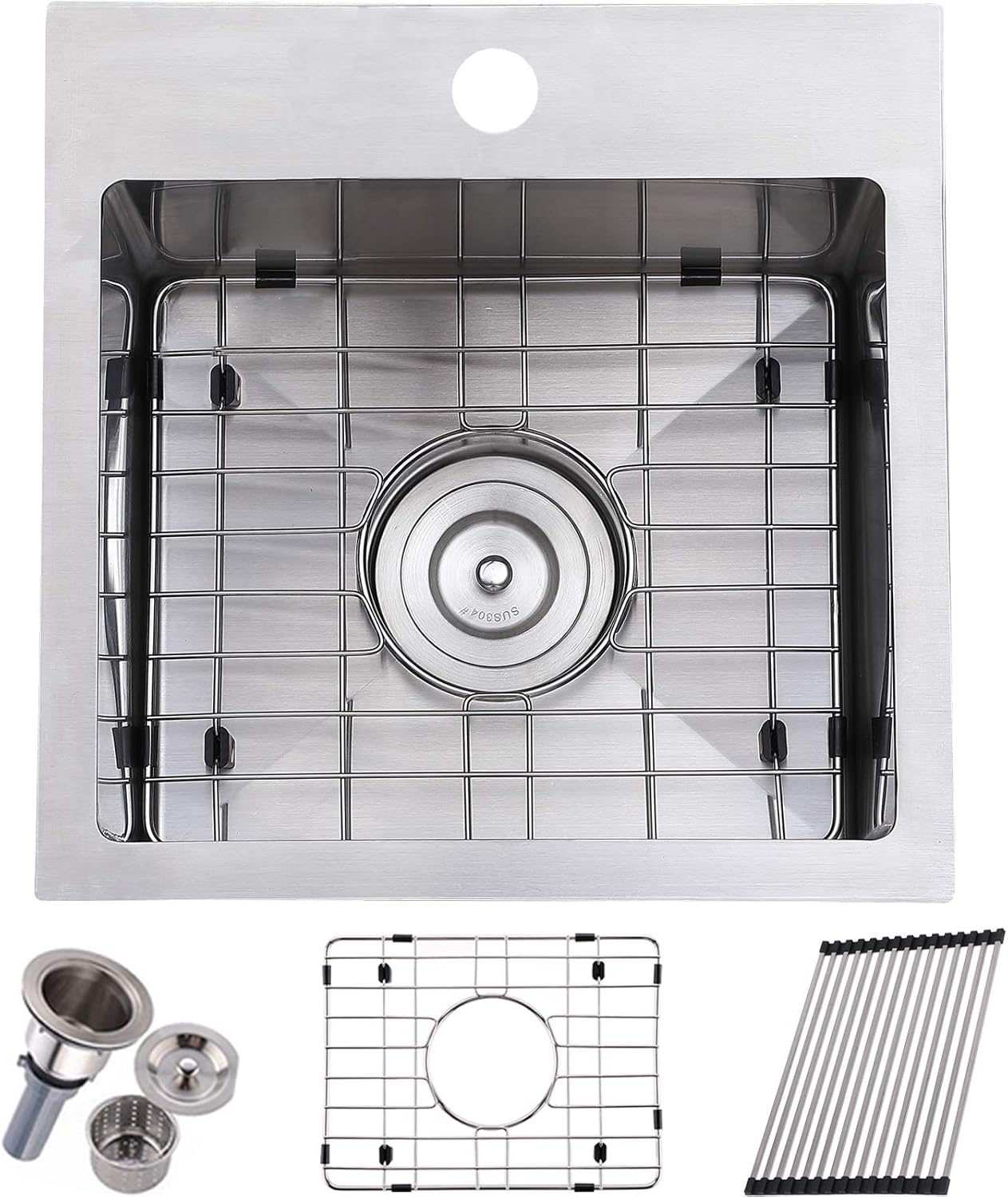VALISY 15 x 20 Inch SUS304 Stainless Steel Square Topmount Drop-In Small Kitchen Bar Sink，Single Basin Sink for Wet Bar Prep RV Yard Office Laundry Utility with Dish Grid & Drain & Roll-up dishrack - - 
