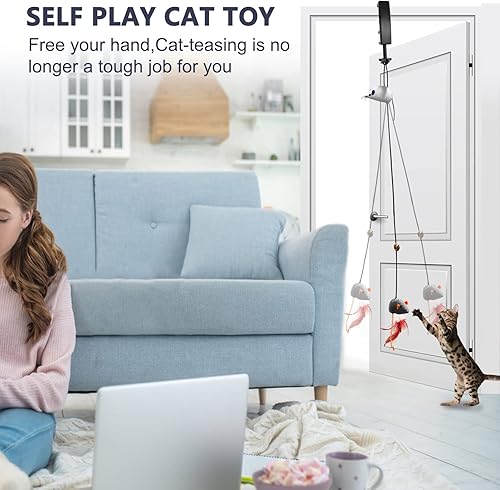 Miniatura 6 de Juguetes interactivos para gatos, juguetes de ratón de hierba gatera rebotante con juguetes de plumas, juguetes colgantes para gatos de interior,