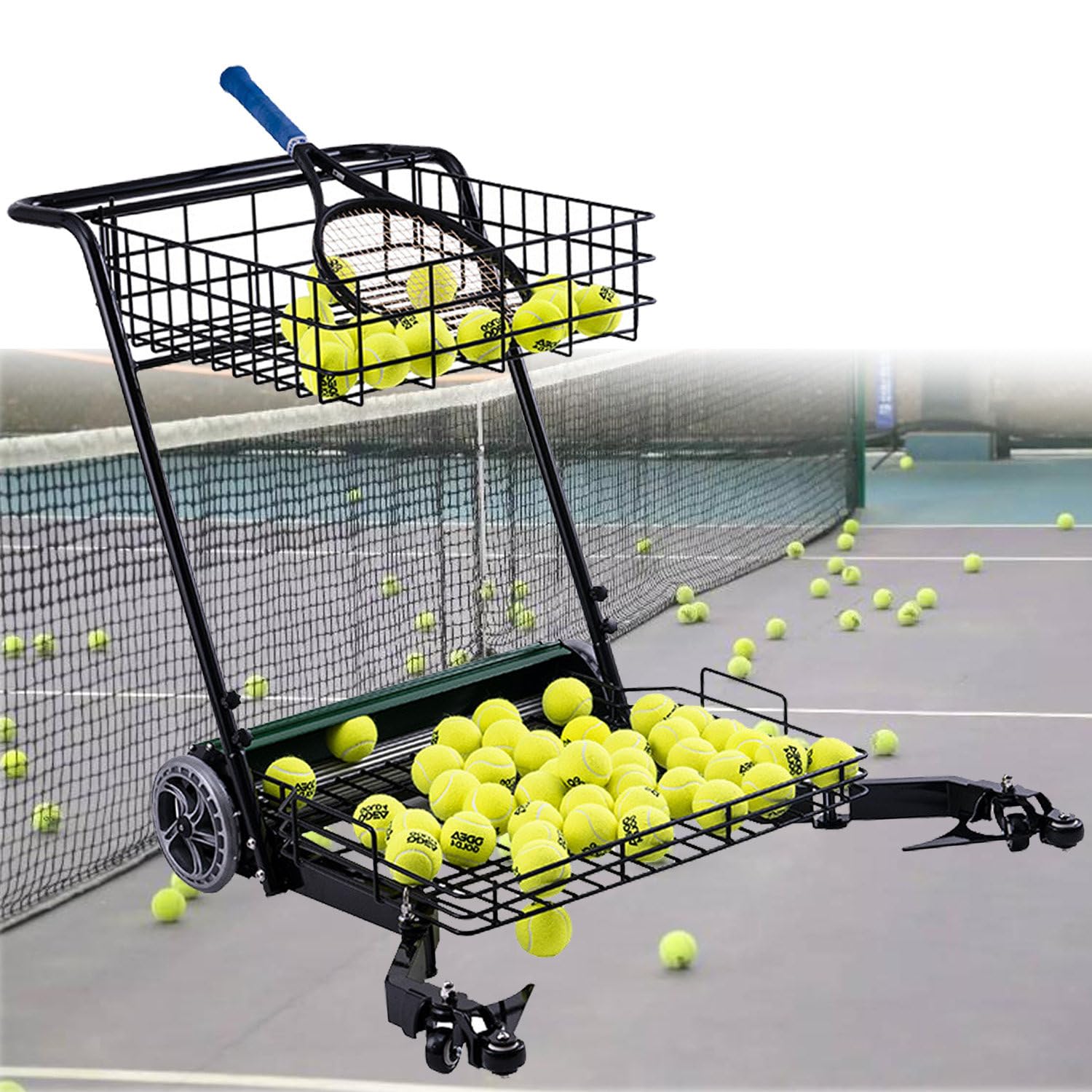 Tennis Ball Collector Automatic Retriever Equipment - Hand Push Basket Holds Up to 290 Balls for Various Courts