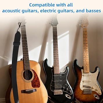 Guitar Strap, Minimalist Adjustable Guitar Straps Secure Hold | Durable Headstock Tie, Universal Fit for Acoustic, Electric, Bass Guitars, Black